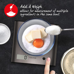 Salter 1087 SSDR Arc Kitchen Scale – Digital Food Weighing Scales, Precise Cooking/Baking, Slim Platform for Compact Storage, Add & Weigh/Tare Function, 3kg Capacity,Battery Included,Stainless Steel