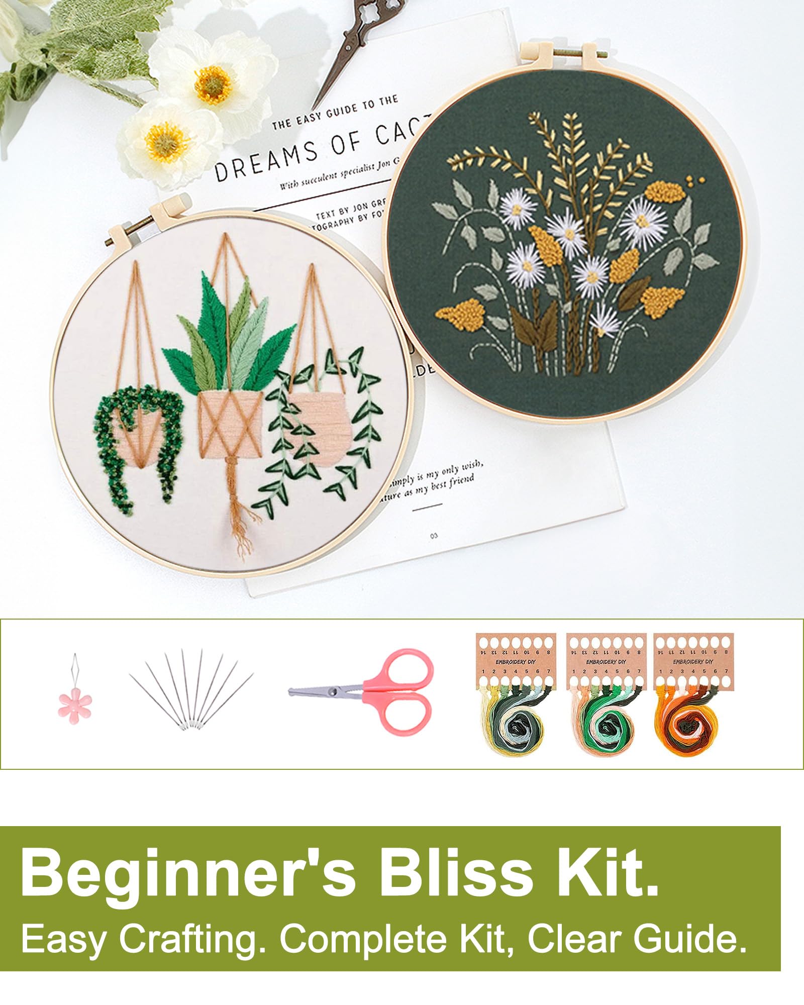 Jecanori Embroidery Starter Kit, 3 Pack Cross Stitch Kit with Floral or Plant Pattern and Instructions, Full Range of Embroidery Kits, Embroidery Hoops, Color Threads and Tool