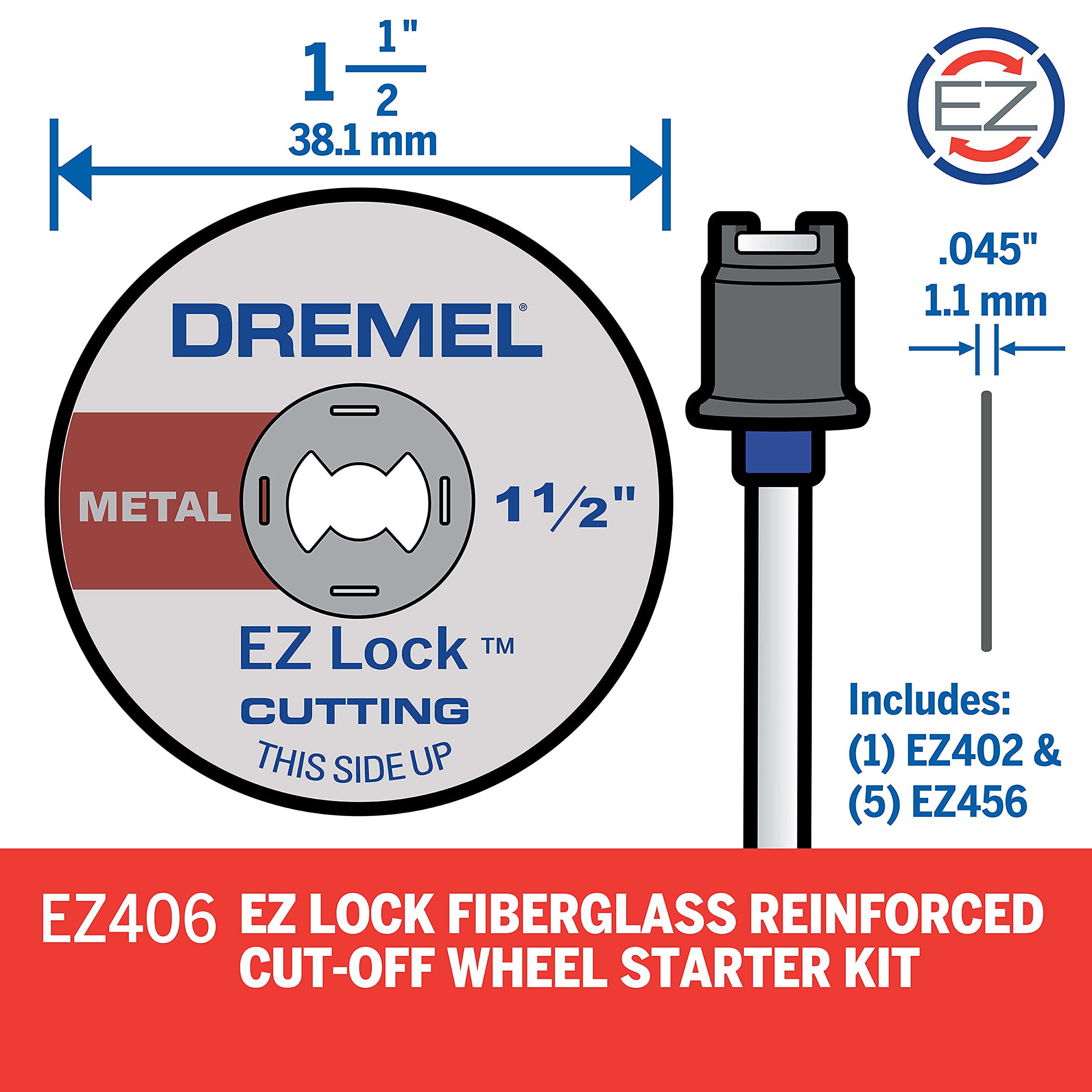 Dremel EZ406-02, EZ - Lock Starter Kit, 1 1/2-Inch (38.1 mm) Wheel Diameter, 5 Piece Fiberglass Reinforced Cut-Off Wheels and EZ402 Mandrel Included, Rotary Tool Cutting Disc Accessories, Metal