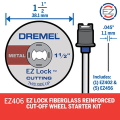 Dremel EZ406-02, EZ - Lock Starter Kit, 1 1/2-Inch (38.1 mm) Wheel Diameter, 5 Piece Fiberglass Reinforced Cut-Off Wheels and EZ402 Mandrel Included, Rotary Tool Cutting Disc Accessories, Metal