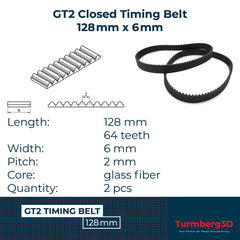 GT2 Closed Timing Belt 6 mm Wide, 2 pieces each (128mm)