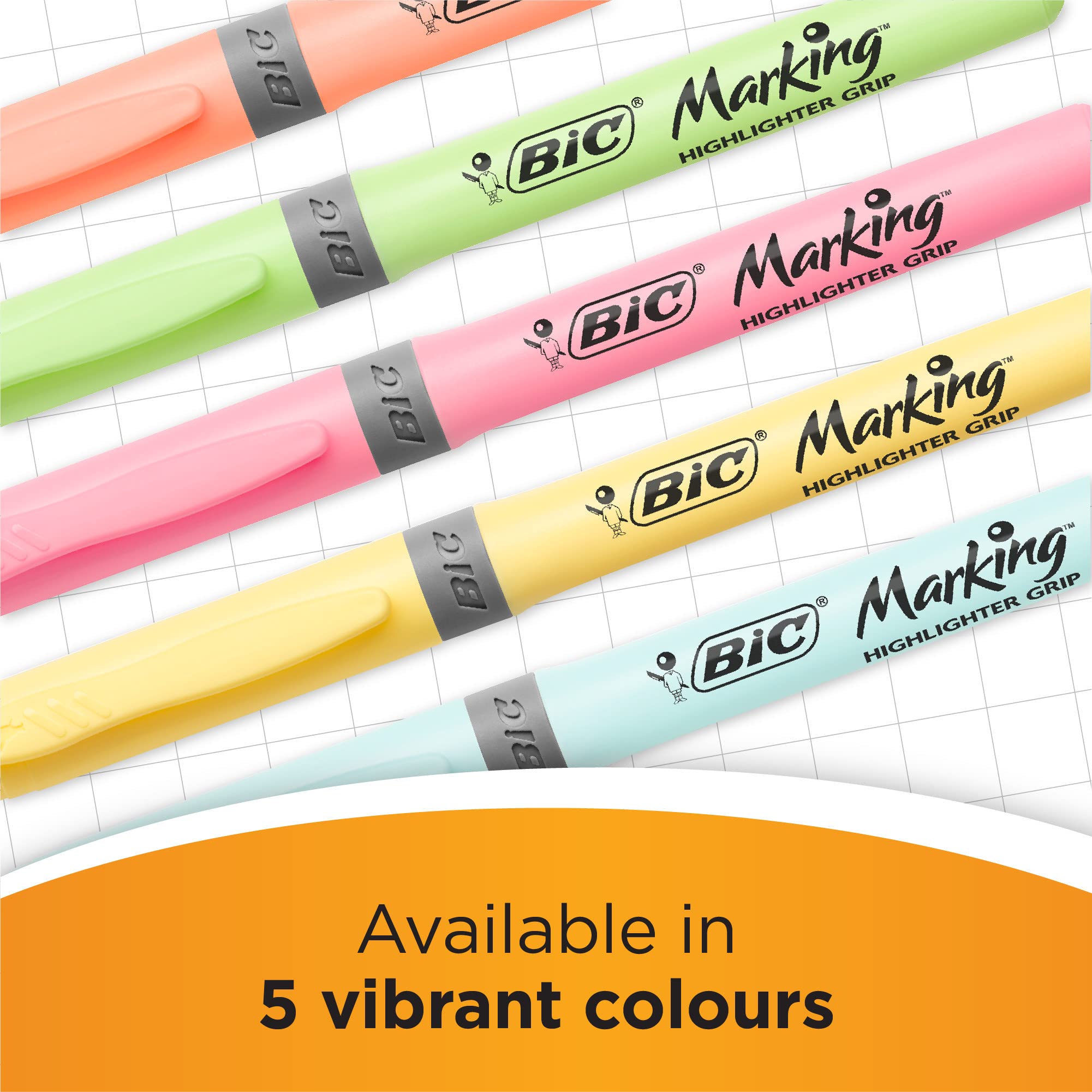 Bic Highlighter Grip Pens with Anti-Drying Technology in 4 Assorted Colors, Water-Based, Pack of 4