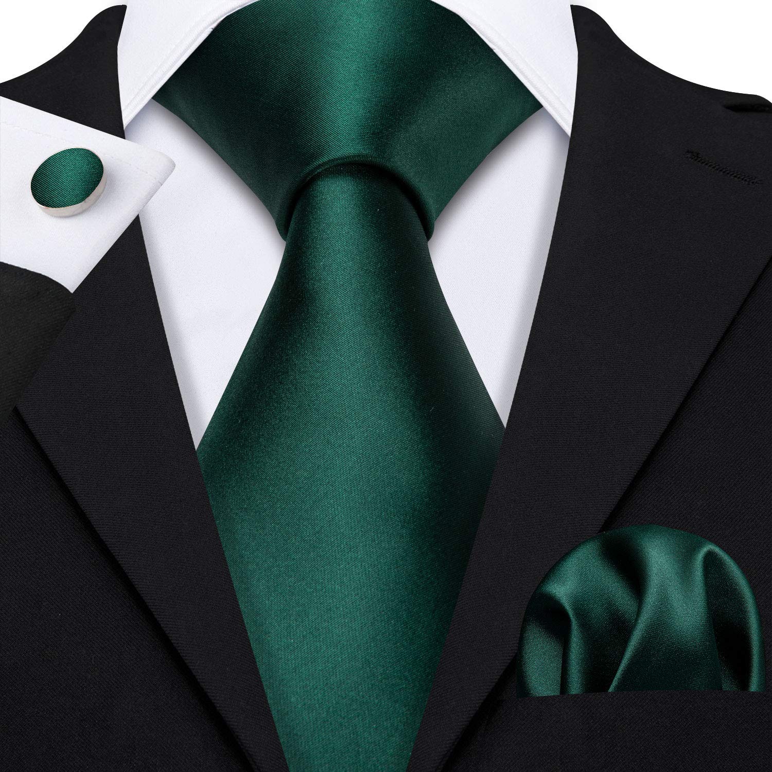 Barry.Wang Solid Green Ties for Men Stain Silk Necktie Handkerchief Cufflinks Wedding Christmas