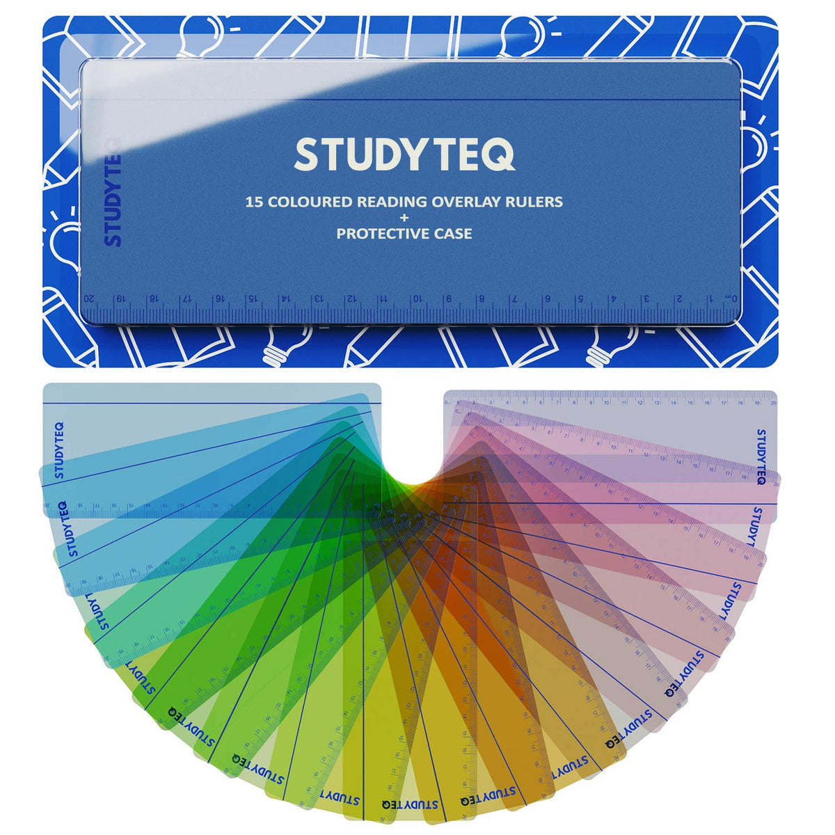 Studyteq 15 x Professional Dyslexia Coloured Reading Overlays And Rulers and Protective Case   Reading Tracking Rulers for Visual Stress, Dyslexia, Irlens Syndrome, and ADHD