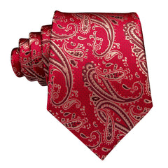 Hi-Tie Gold Red Paisley Men Ties for Wedding Woven Silk Tie Set Pocket Square & Cufflinks Business Party