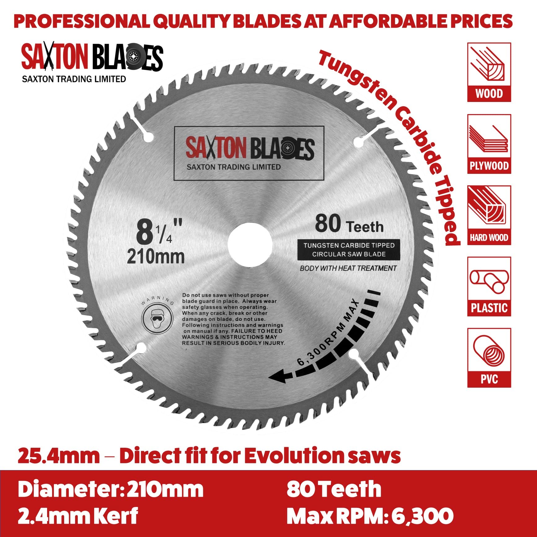 Saxton TCT Circular Wood Mitre Saw Blade 210mm x 80T x 25.4mm Bore fits Evolution Rage Saws