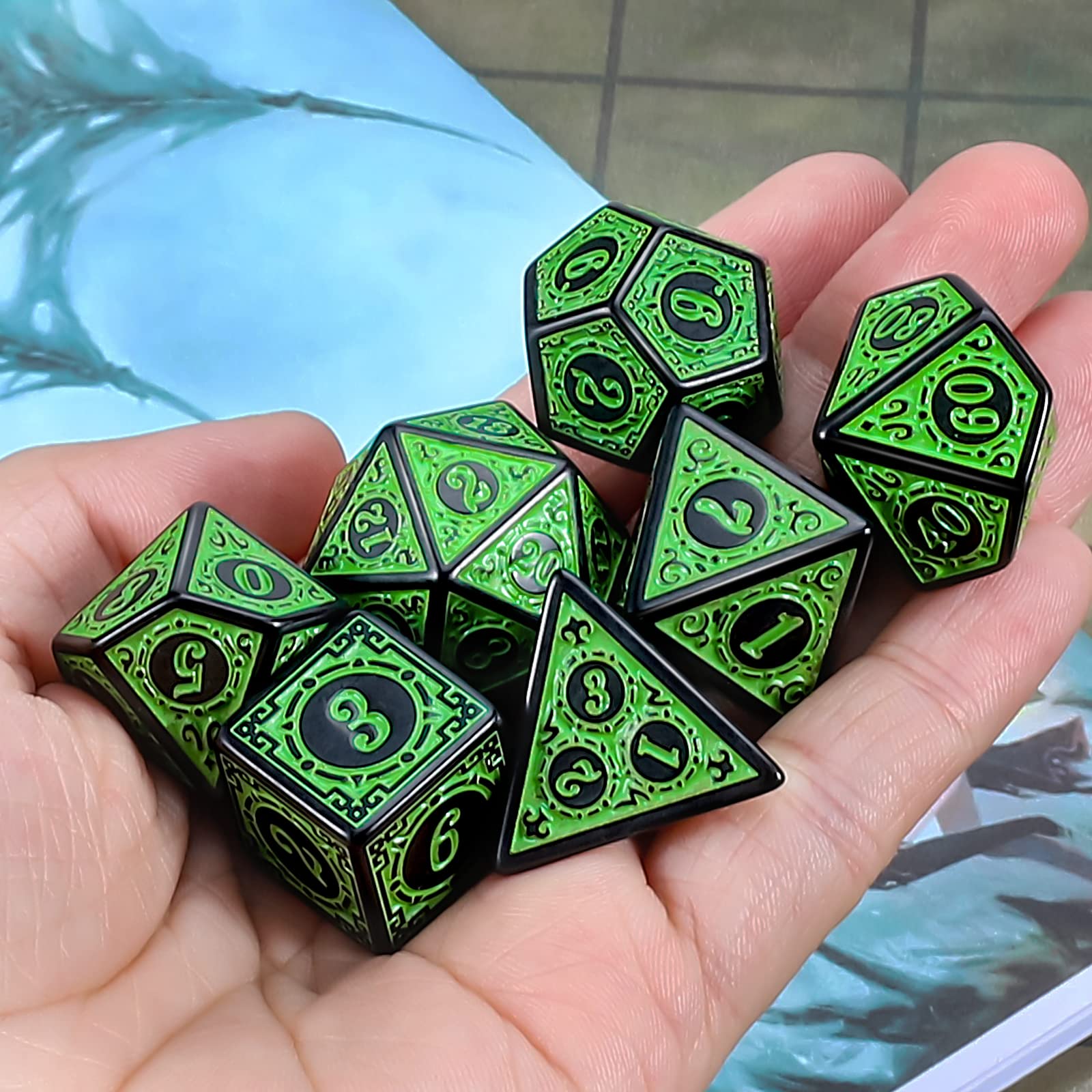 QMAY DND Dice Polyhedral Dice Set - 7 Pieces for Dungeon and Dragons MTG RPG D&D D20, D12, D10, D%, D8, D6, D4 (Green Engraving)