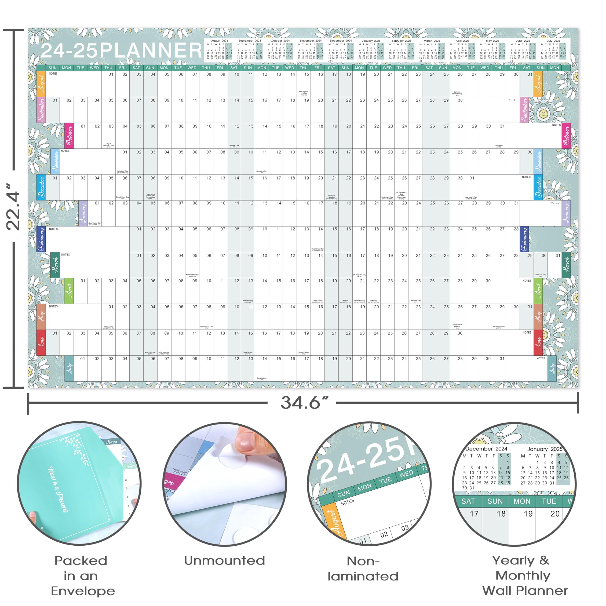 Wall Planner 2024-2025 - A1 Large 2024-2025 Wall Planner from Aug. 2024 to Jul. 2025, Academic Wall Planner 2024-2025 for Home, Office, or School, 88 x 57 cm