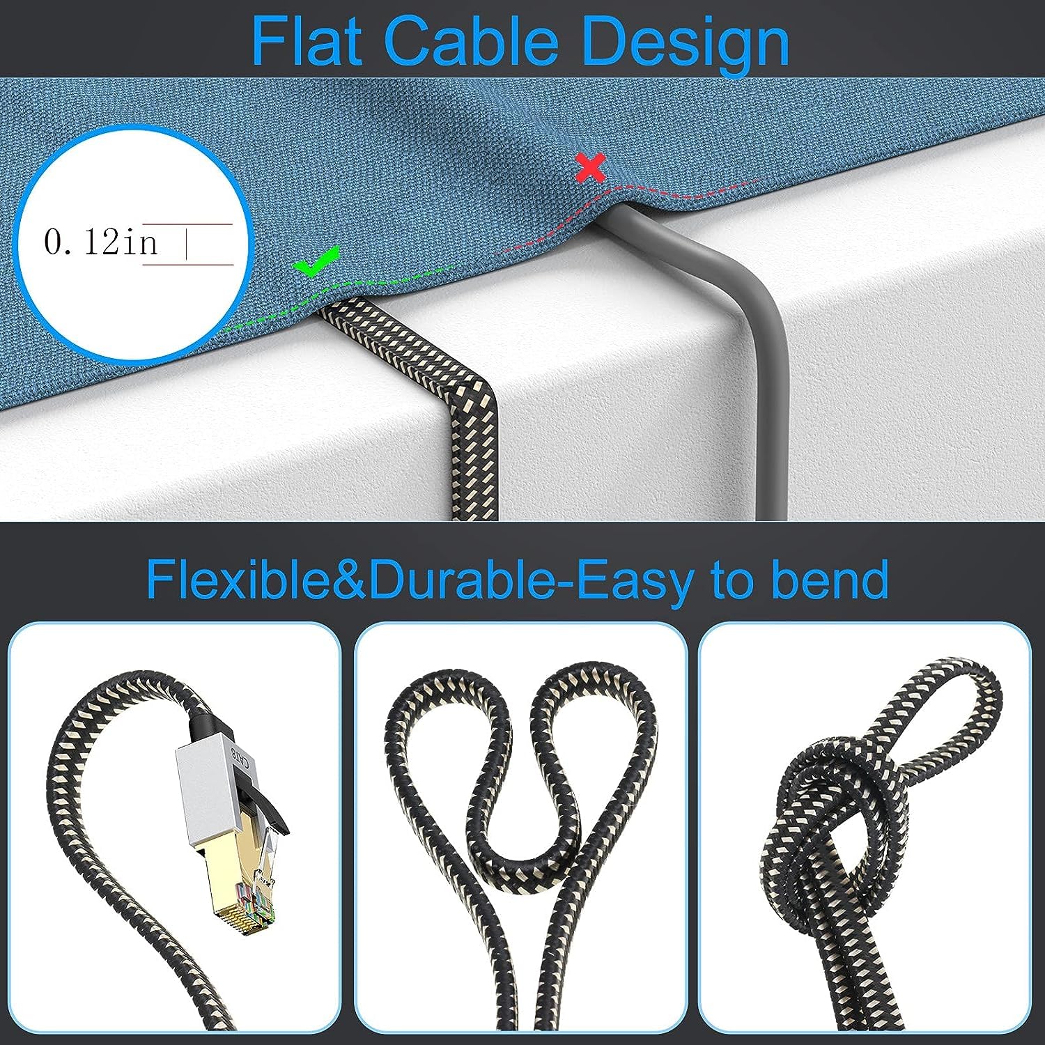 Cat 8 Ethernet Cable 10M, High Speed Gigabit Nylon Braided Lan Network Cat8 Patch Cord, 40Gbps 2000Mhz RJ45 Flat Cable Shielded, Indoor&Outdoor for Modem/Router/switch, Faster than Cat5e/Cat6/Cat7