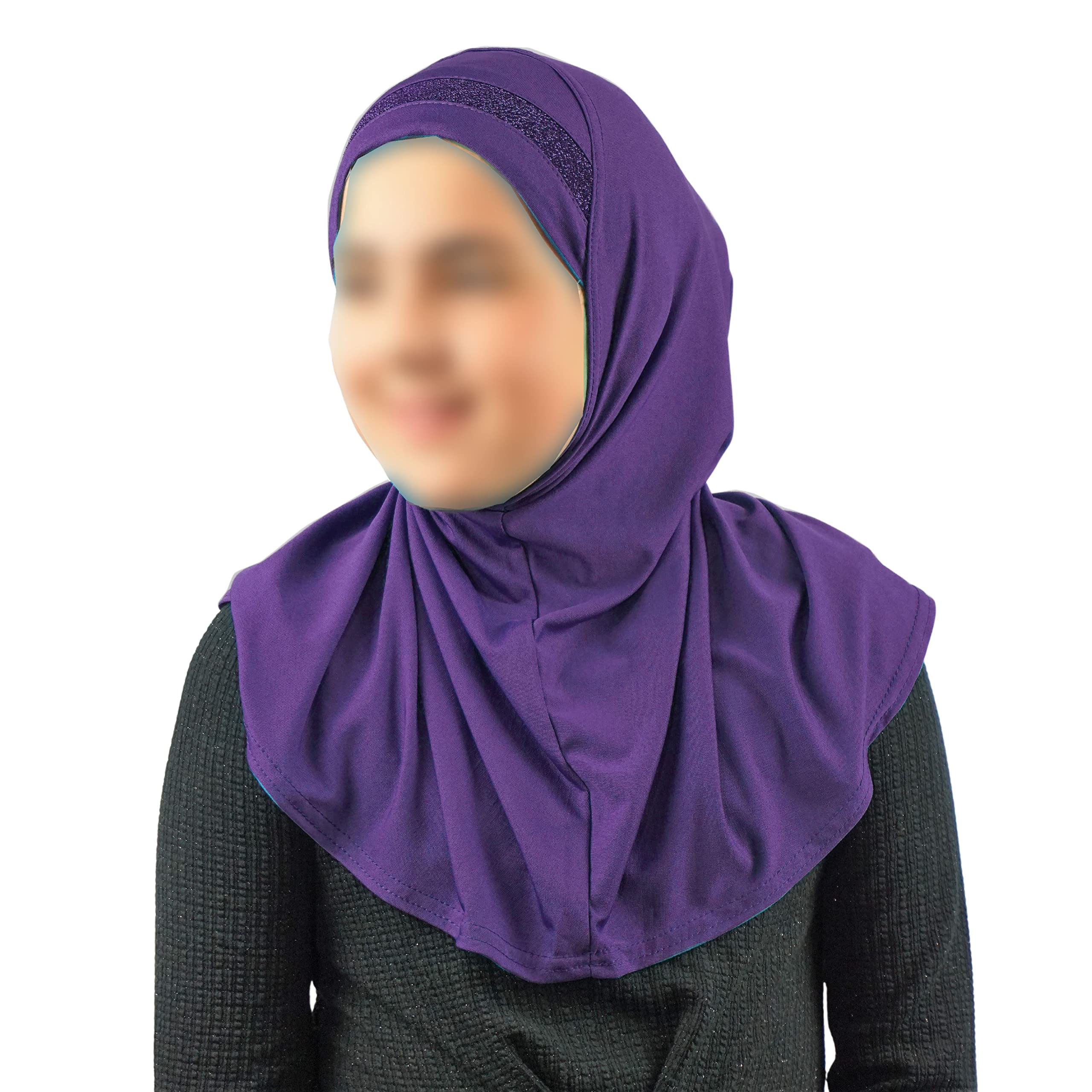 Yaqeen Girls instant headscarf hijab al Amira with glitter borde, readymade pull on scarf, ideal for any occassion school/nursery (Purple)