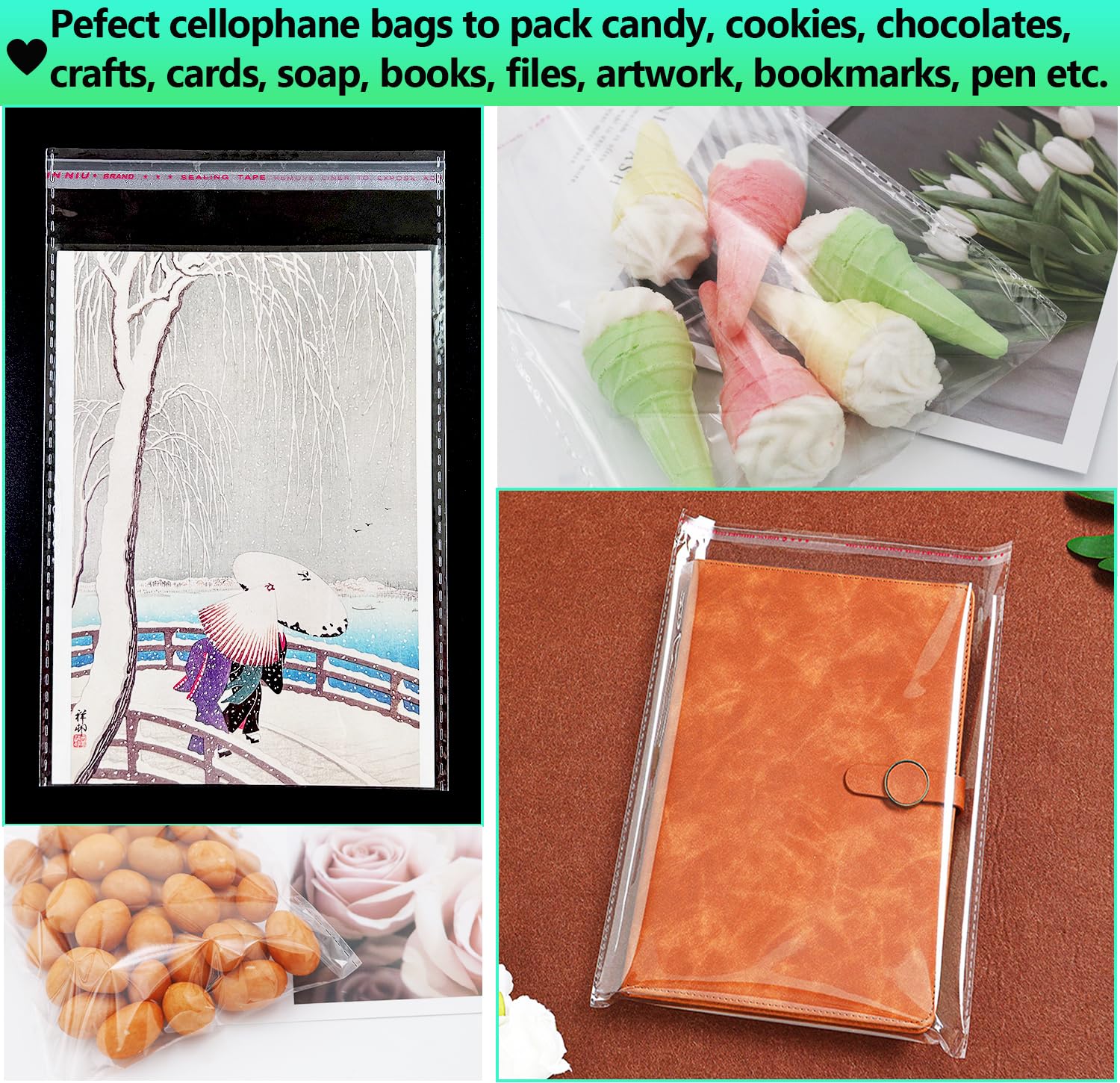 Flimflim Cellophane Bags Long, 2.3X8.6 inches Self Seal Clear Plastic Bags for Bookmark Cookie Bar Knife Fork Pen Sweet Chocolate, Multipurpose Cello Bags 100pcs