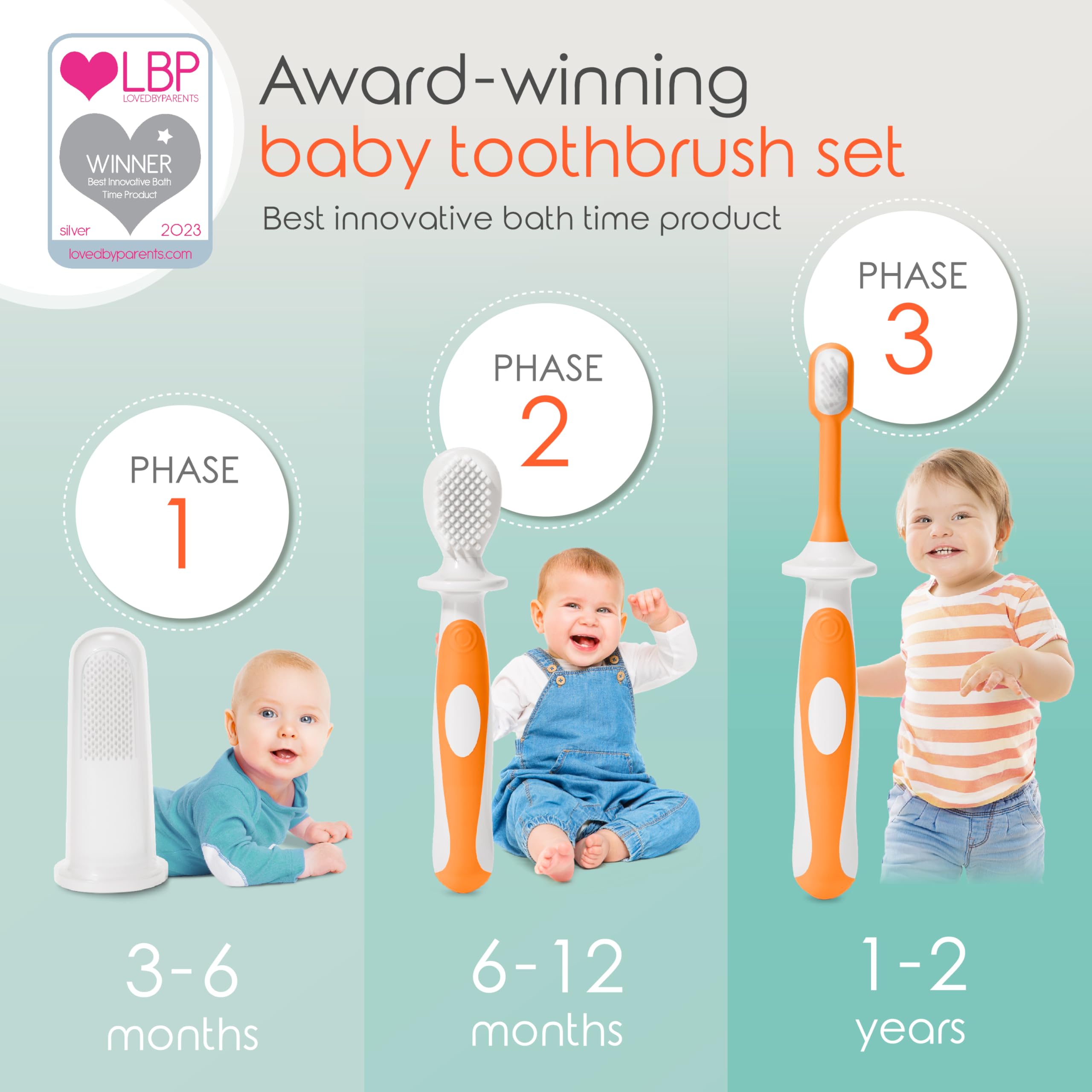 Cherish Baby Care Baby Toothbrush 0-2 Years - Safety-Tested & BPA-Free 3-Pack (Finger Toothbrush Baby, Silicone Toothbrush Baby, and Toddler Toothbrush) - Baby's First Toothbrush Kit (Orange)