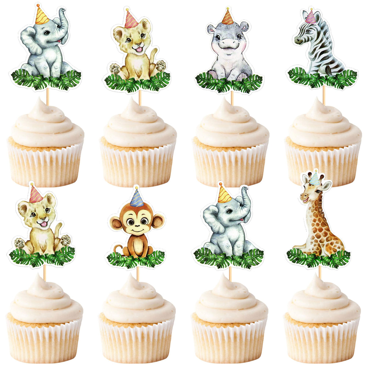 Blumomon 24Pcs Jungle Safari Animal Cupcake Toppers Happy Birthday Cake Decor for kids Wild Jungle Animal Theme Birthday Party Supplies Celebrating Party Events Baby Shower