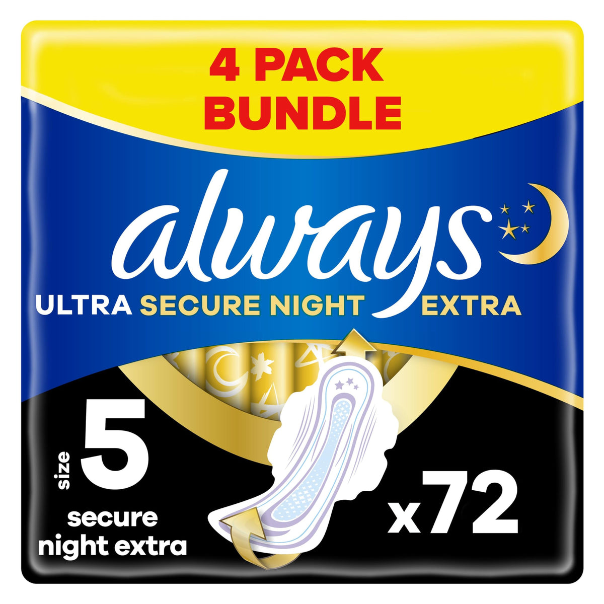 Always Ultra Sanitary Towels, Size 5, Ultra Secure Night Extra, Heavy Flow, 72 Pads With Wings (18 x 4 Packs) SAVING PACK, Locks Wetness Leaks & Odours, Thin And Discreet