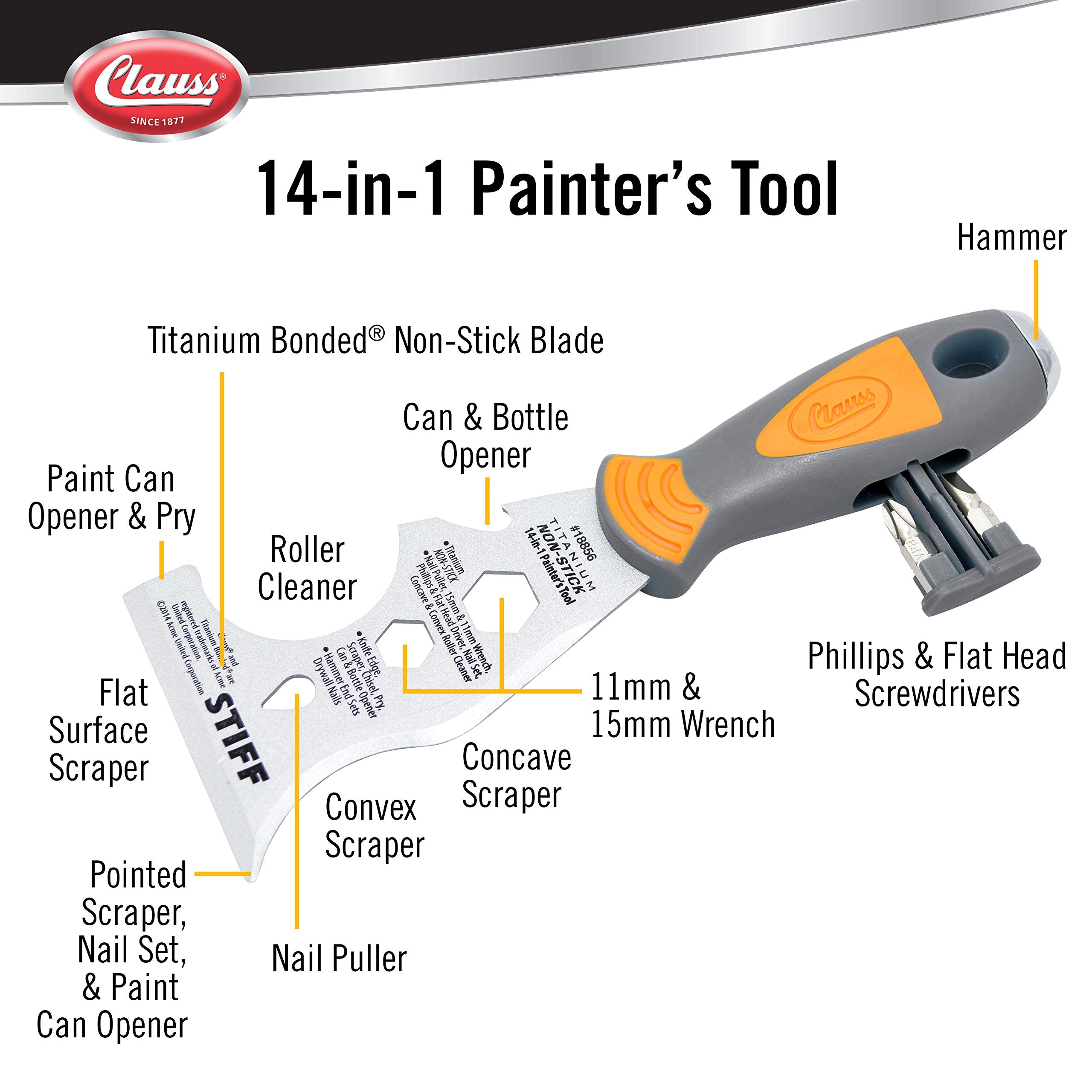 Clauss 18856 14-in-1 Titanium Non-Stick Painter's Tool with Philip's and Flat-Head Driver - Grey/Yellow