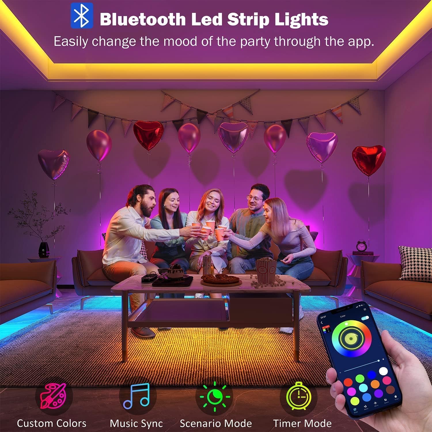 Keepsmile Led Strip Lights 10M Bluetooth Smart App Control Music Sync Color Changing RGB Led Light Strips with Remote,Flexible Led Lights for Bedroom,Party,Birthday and Home Decor