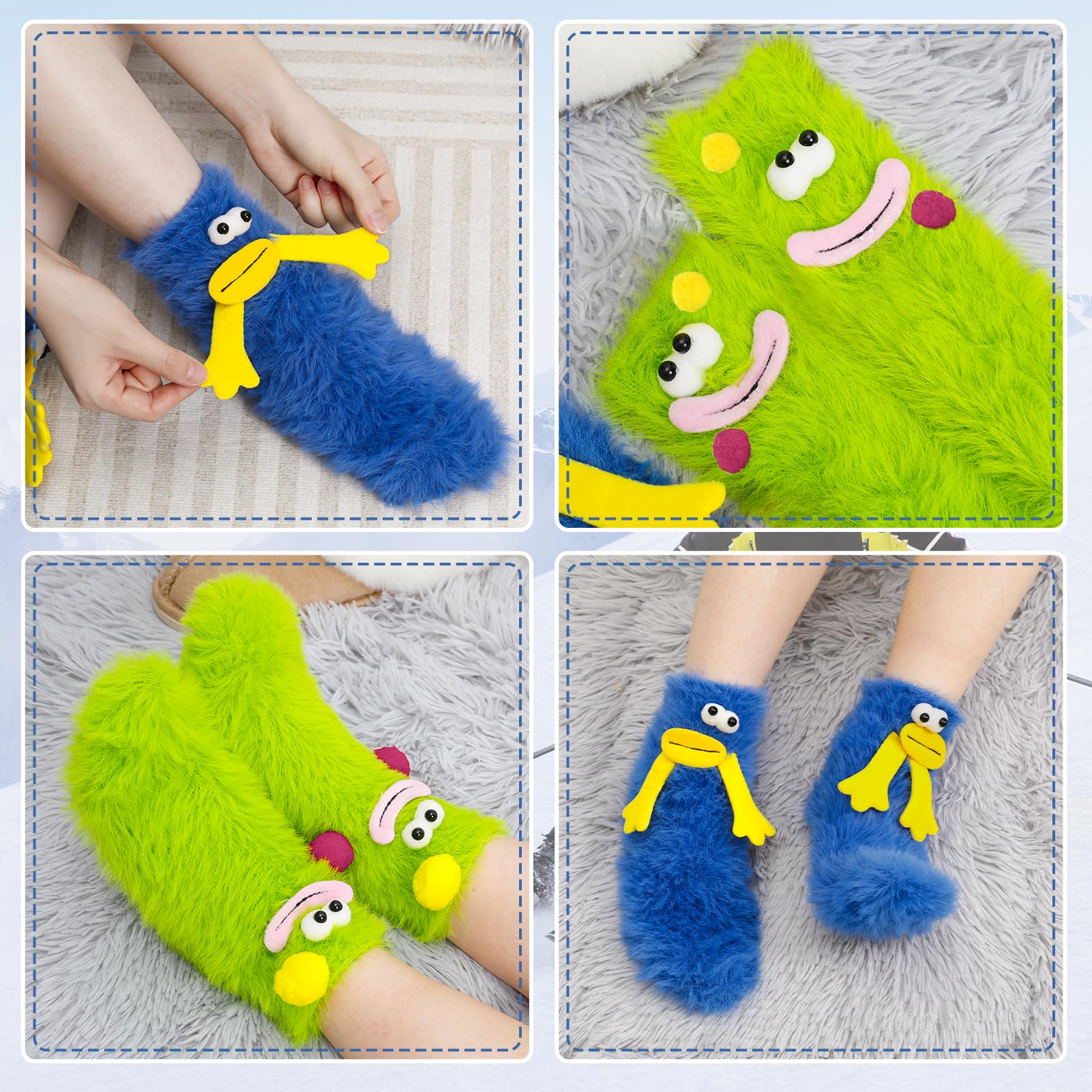 Zuimei 2 Pairs Fluffy Cartoon Monster Socks,Fuzzy Cute Monster Socks Warm Cozy Winter Warm Soft Slipper Sock Cute Fluffy Socks Women Non Slip Fluffy Socks for Women Girls