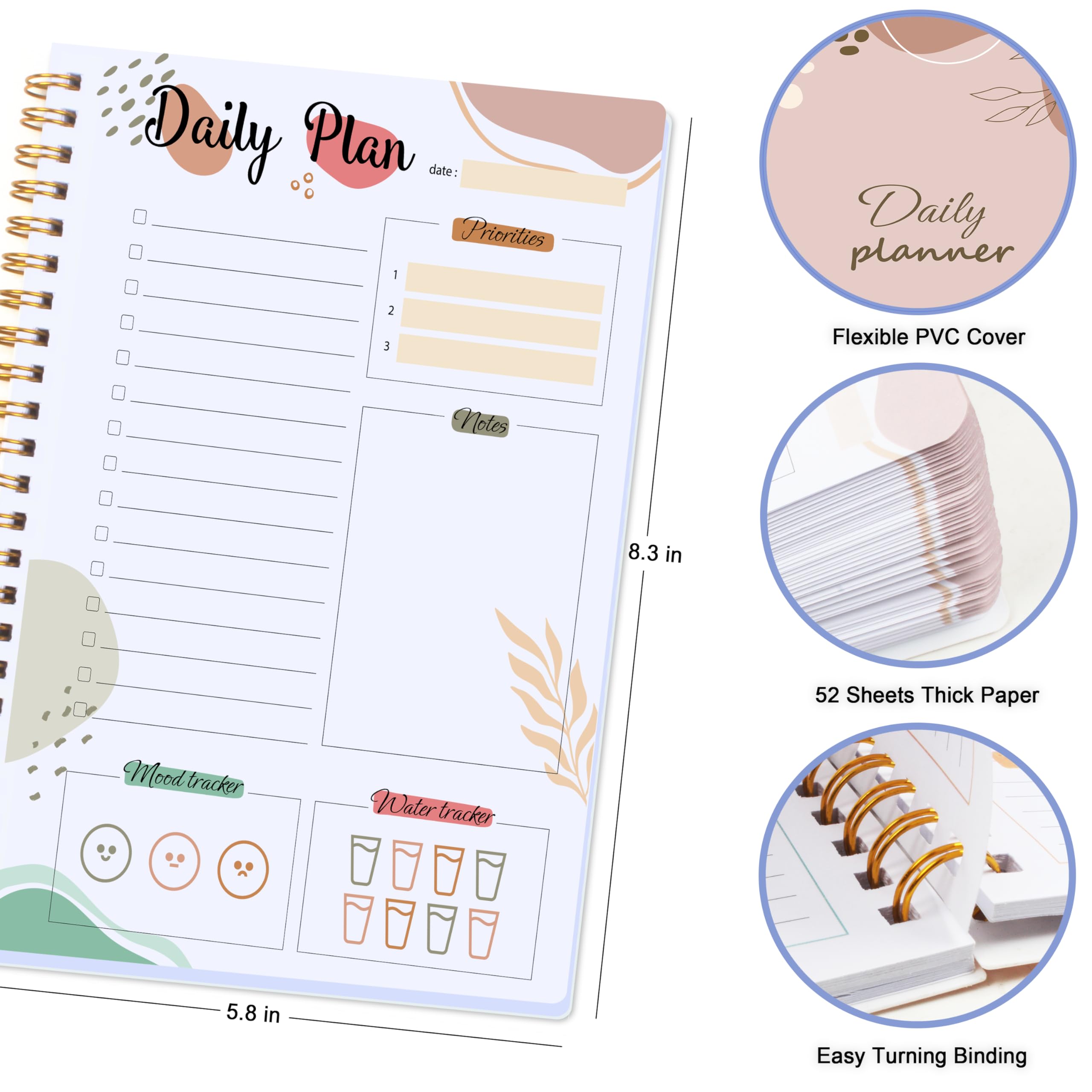 Daily Planner, Daily To Do List Notebook with Personal Organizor, Water Tracker for Home, Work, School,52 sheets, A5