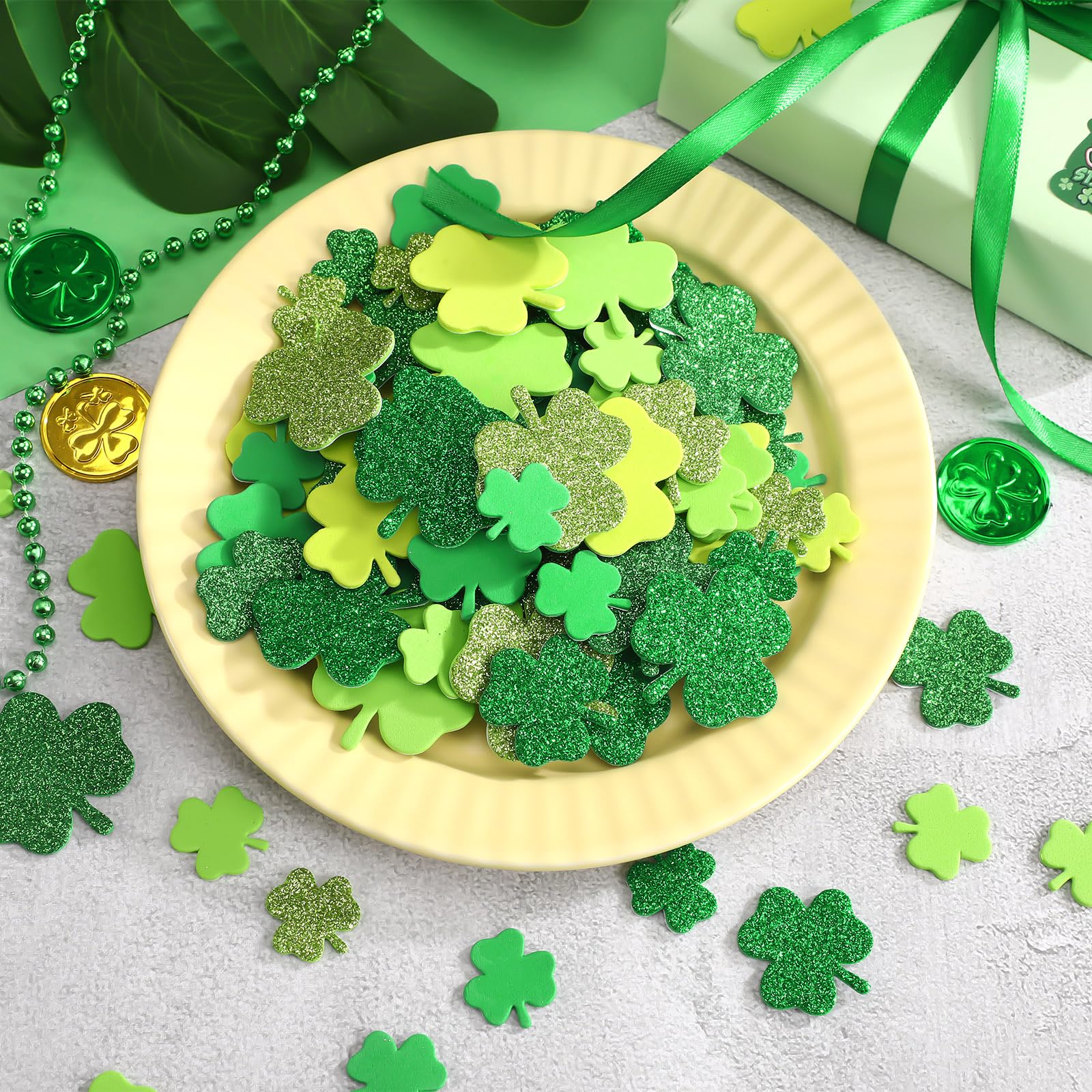 JULBEAR 300Pcs Shamrock Foam Sticker, St. Patrick's Day Glitter Clover Shamrock Self Adhesive Foam Stickers for Kids Spring Irish Party Favors DIY Crafts Decorations