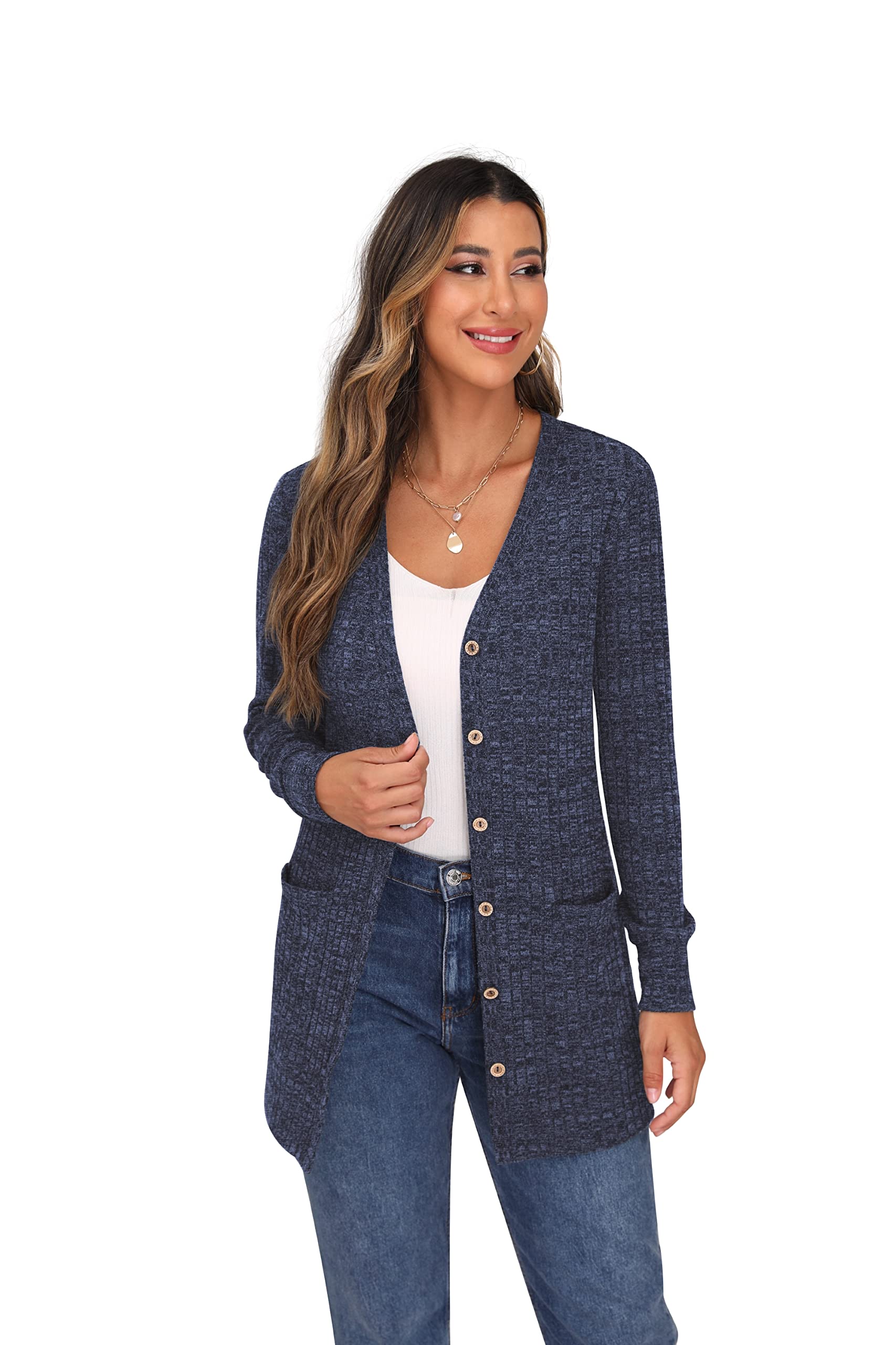 GRECERELLE Womens Cardigan Long Sleeve Open Front Cardigans Button Down V Neck Ribbed Knit Lightweight Outerwear with Pocket (Navy Blue, XXL)