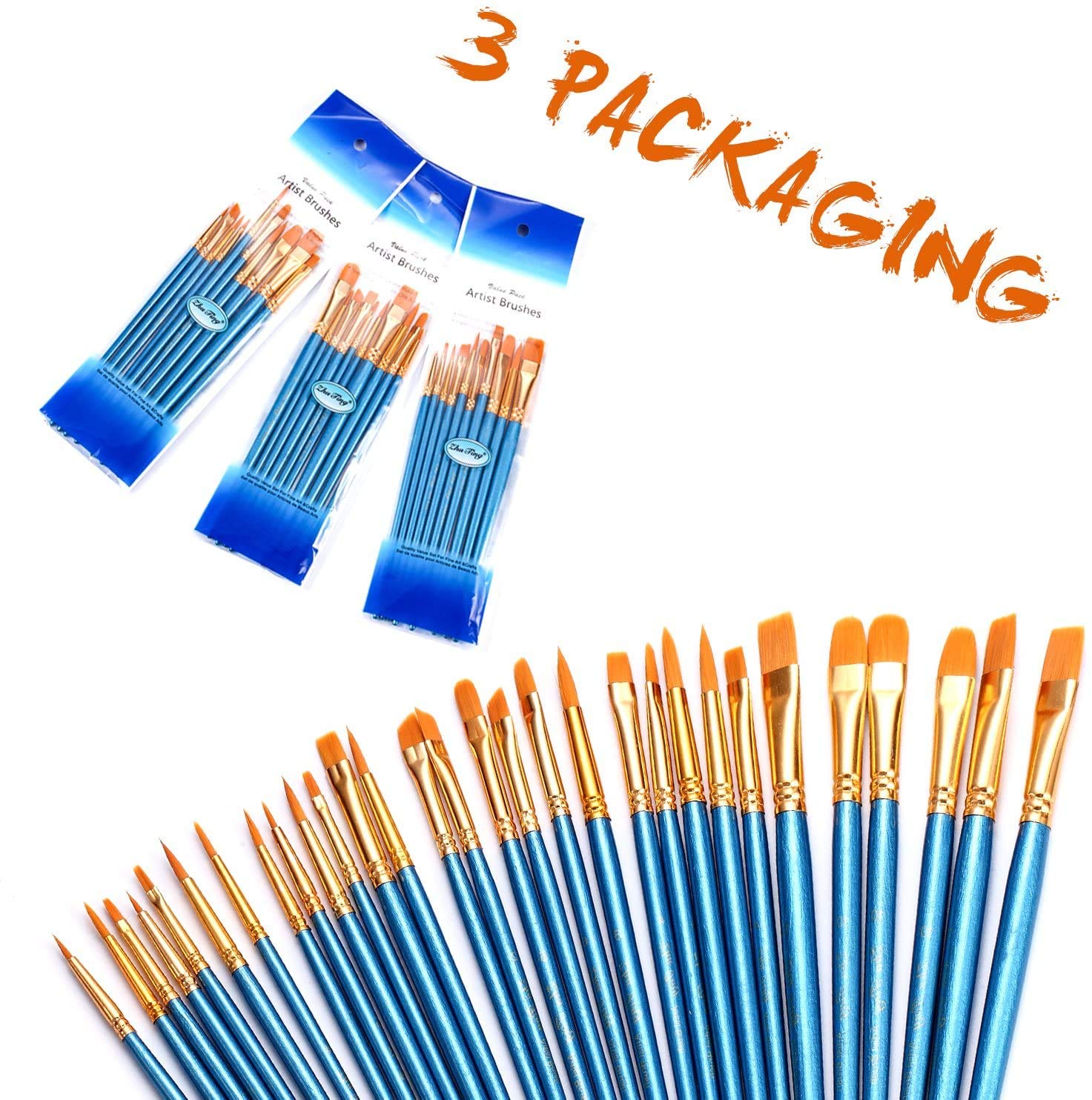 3 Pack Paint Brush Set, 30 pcs Nylon Hair Brushes for Acrylic Oil Watercolor Painting Artist Professional Painting Kits