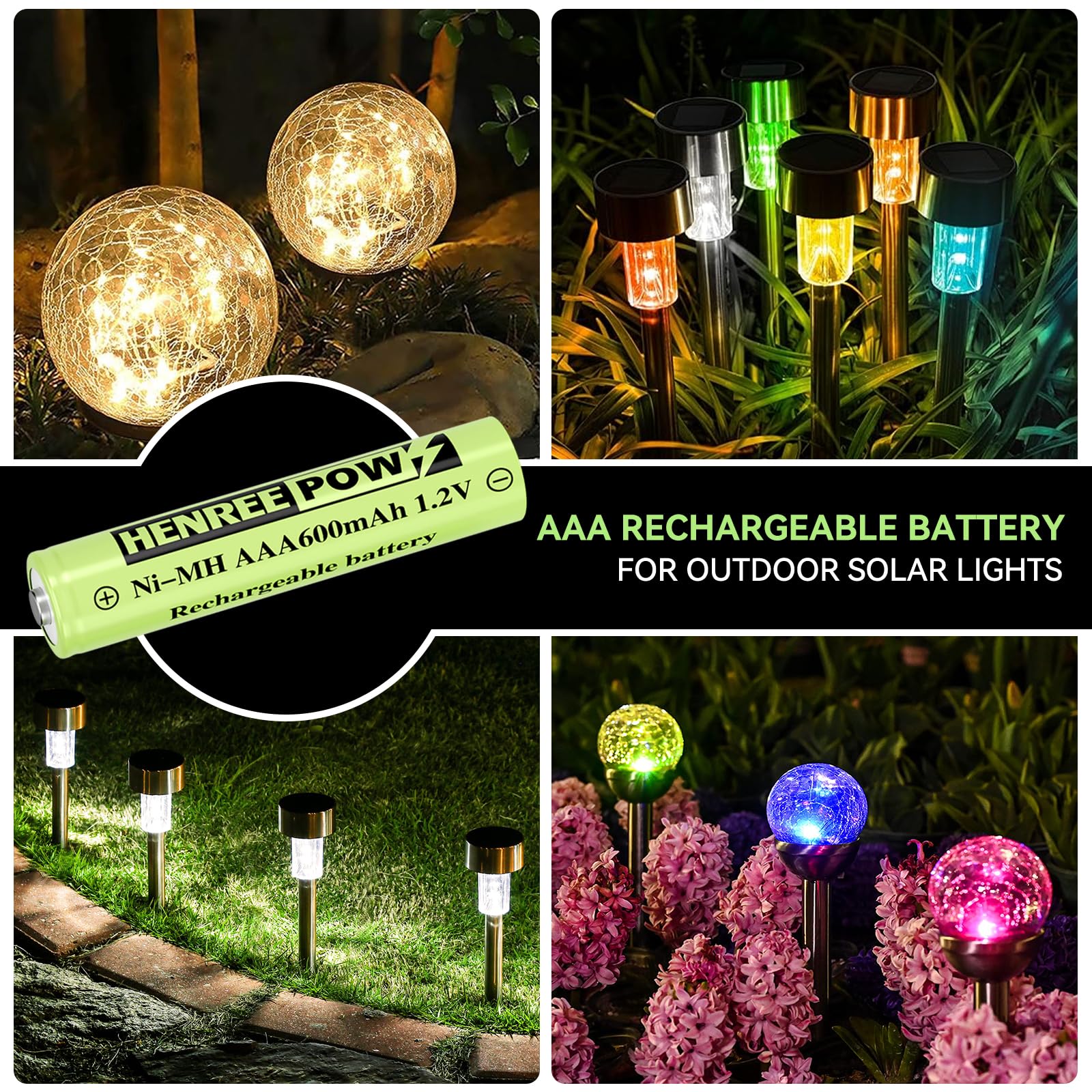 Henreepow AAA Rechargeable Battery, 1.2v AAA 600mAh Pre-Charged Ni-MH Batteries, Triple A Battery for Garden Lights, Solar Landscape lights, Solar String Lights, Pathway Lights,etc (12pack)