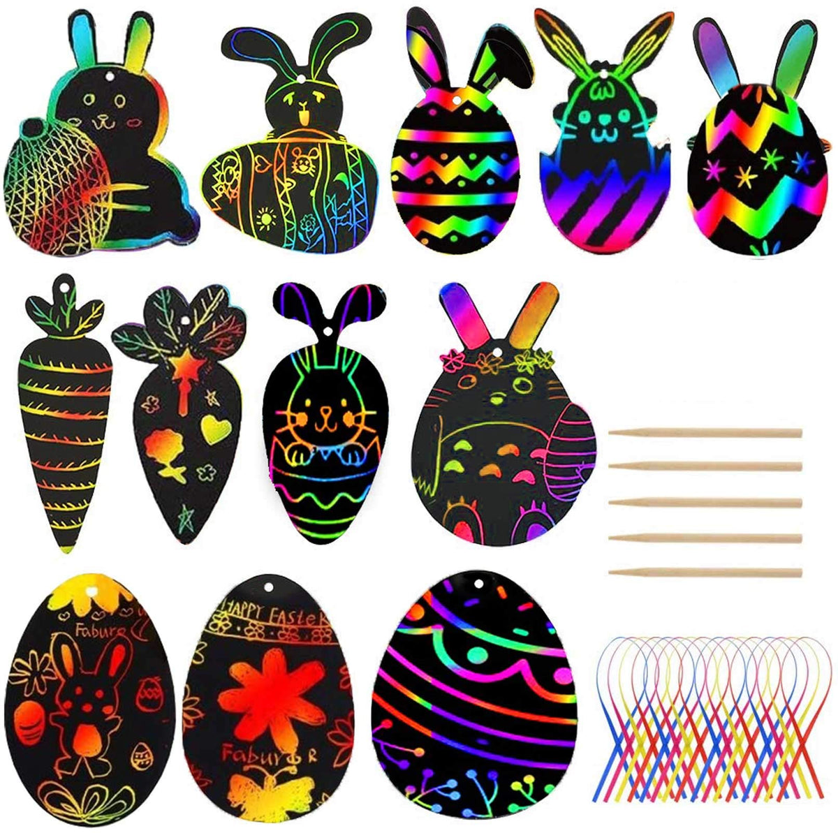 Faburo 36pcs Easter Scratch Art Decorations/Easter Scratch Papers with 36pcs Ribbons and 5pcs Scratch Tools/Easter Crafts Easter Gifts for Kids Party Bag Fillers