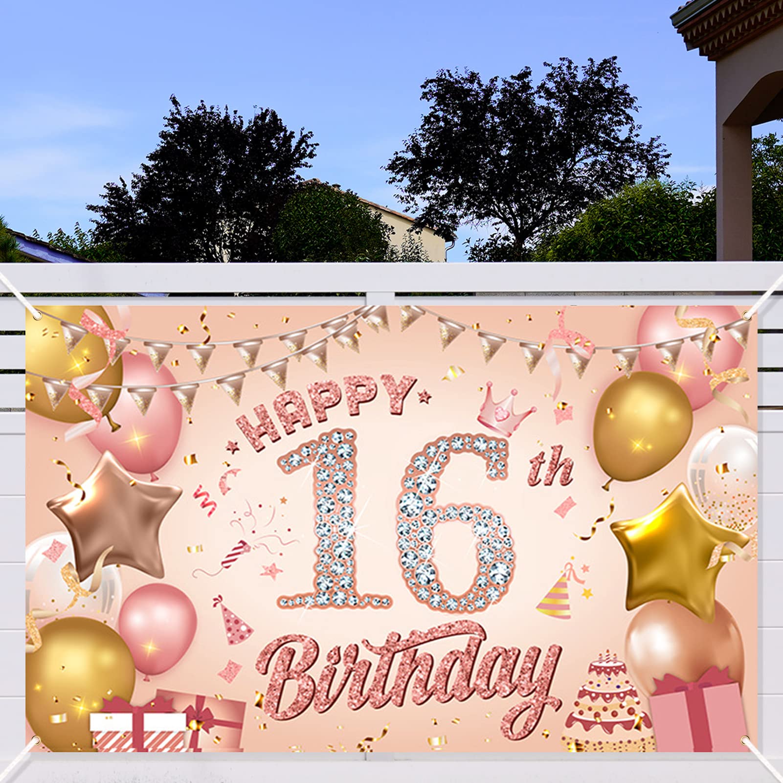 Pinenuts Happy 16th Birthday Banner Rose Gold Birthday Party Decorations Backdrop, Birthday Sign Poster Birthday Photo Background Fabric Banner for Girls Women, 110 x 180 cm( 16th)