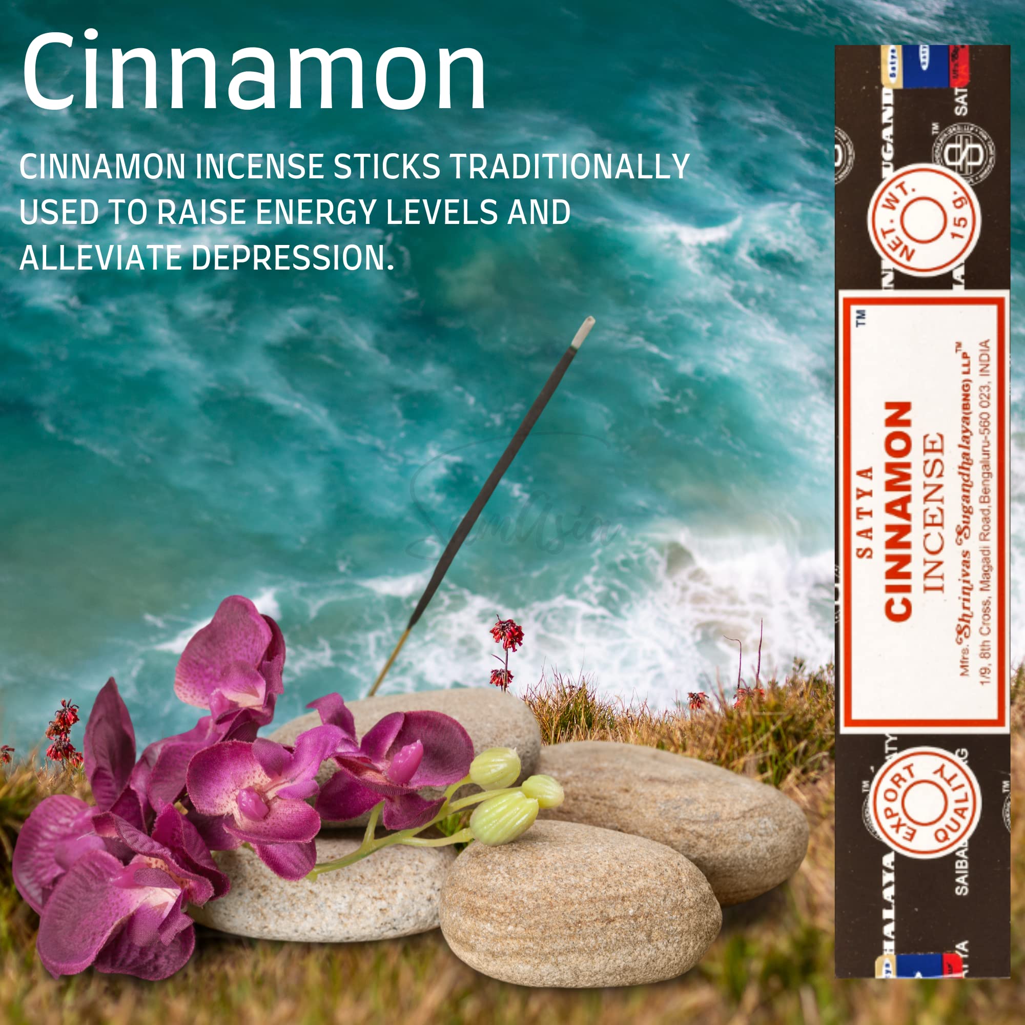 Satya Nag Champa Cinnamon Incense Sticks   3 pack   with SAMASIA incense sticks holder   Used for Aromatherapy, Spa, Yoga, Weddings, Meditation, Healing, Positivity and Relaxation