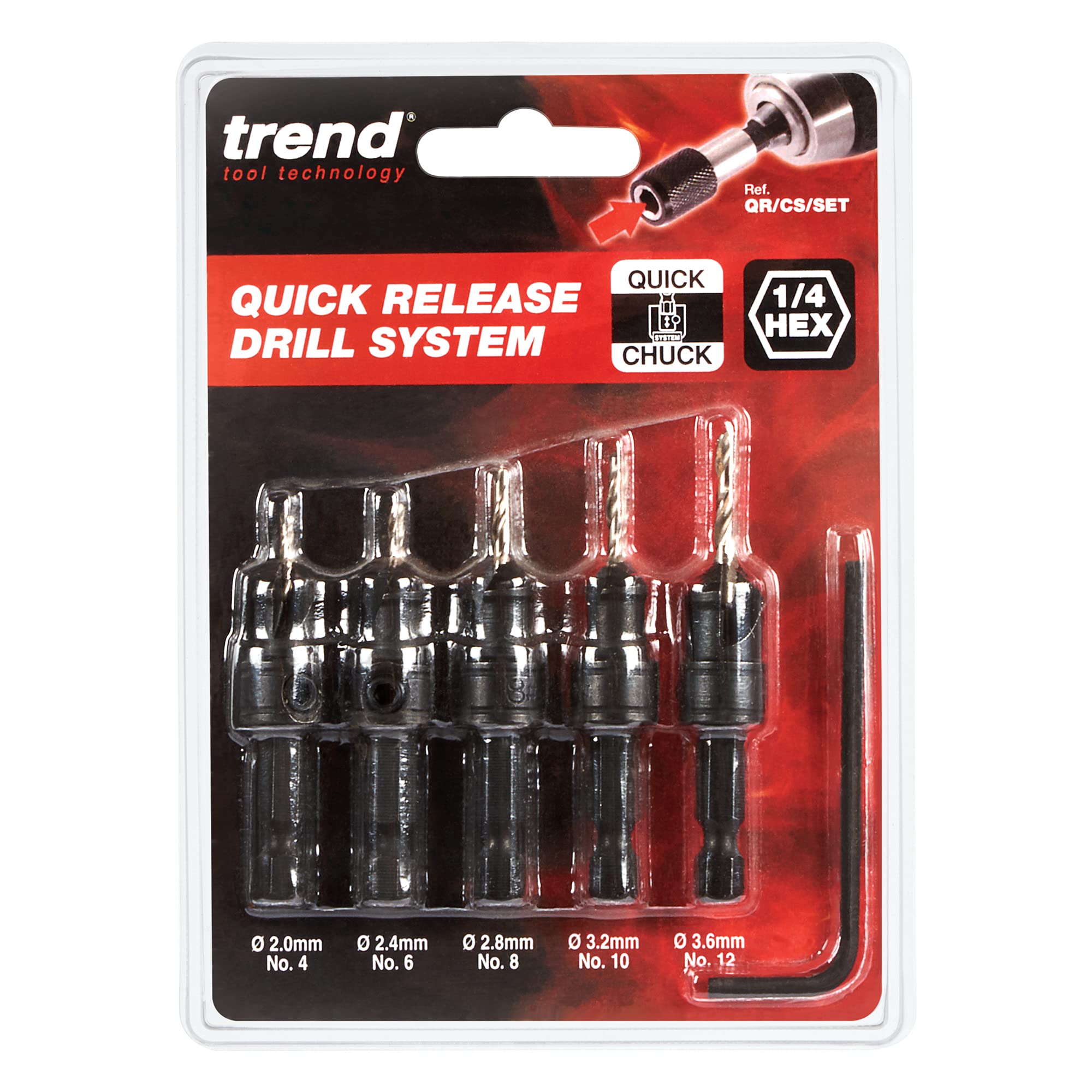 Trend 5-Piece Quick Release Countersink Set, 1/4 Inch Hex Shank, Tool Steel Body, HSS Drill Bit, 5 Pack, QR/CS/SET