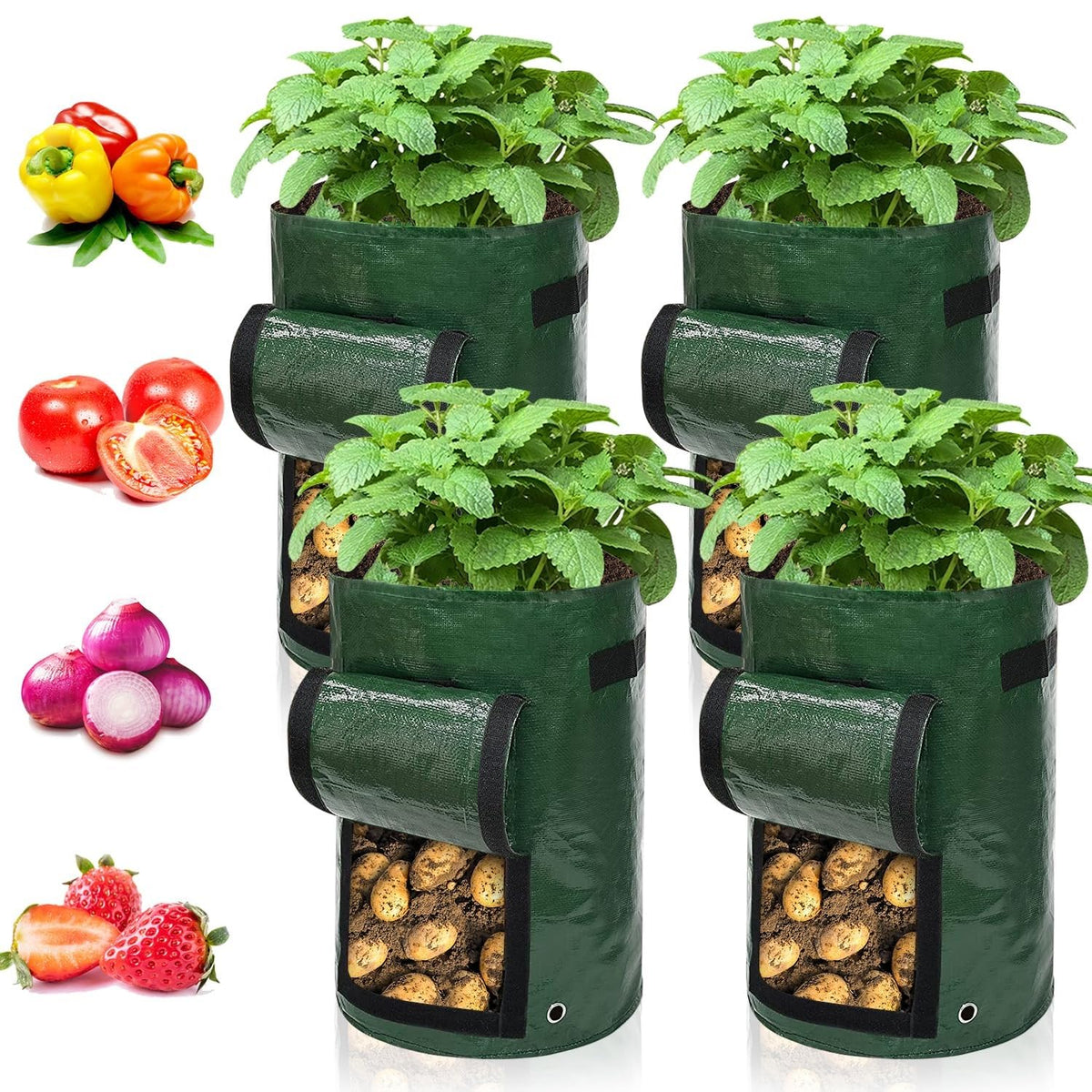 Ram® 4 Pack 7 Gallon Potato Grow Bag set. Garden Plant Bags for potatoes, carrots, tomatoes, cucumbers and other Vegetables. Made in Green Polyethylene Complete