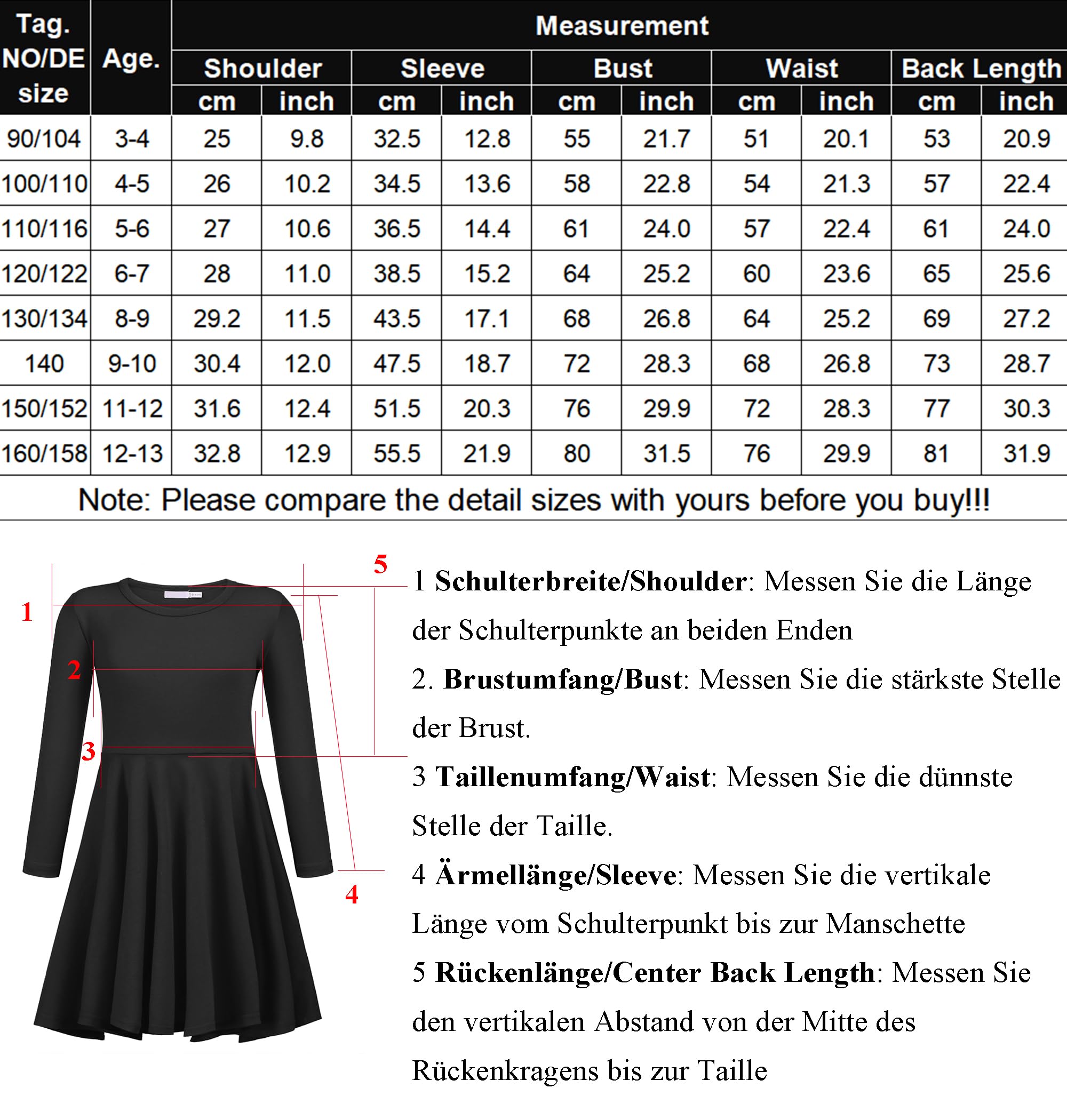 trudge Dresses Girls Long Sleeve Dress Red Children's Dress A-Line Christmas Dress Festive Dress Party Dress Swing Skater Dress 160/14-13 Years