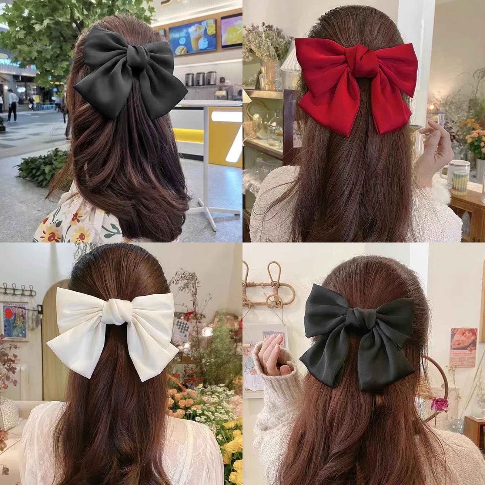 GWAWG 3PCS Bow Hair Clip，Hair Bows Barrettes Solid Color,Soft Satin Silky Hair Bows for Women Girls(Black, White, and Red)