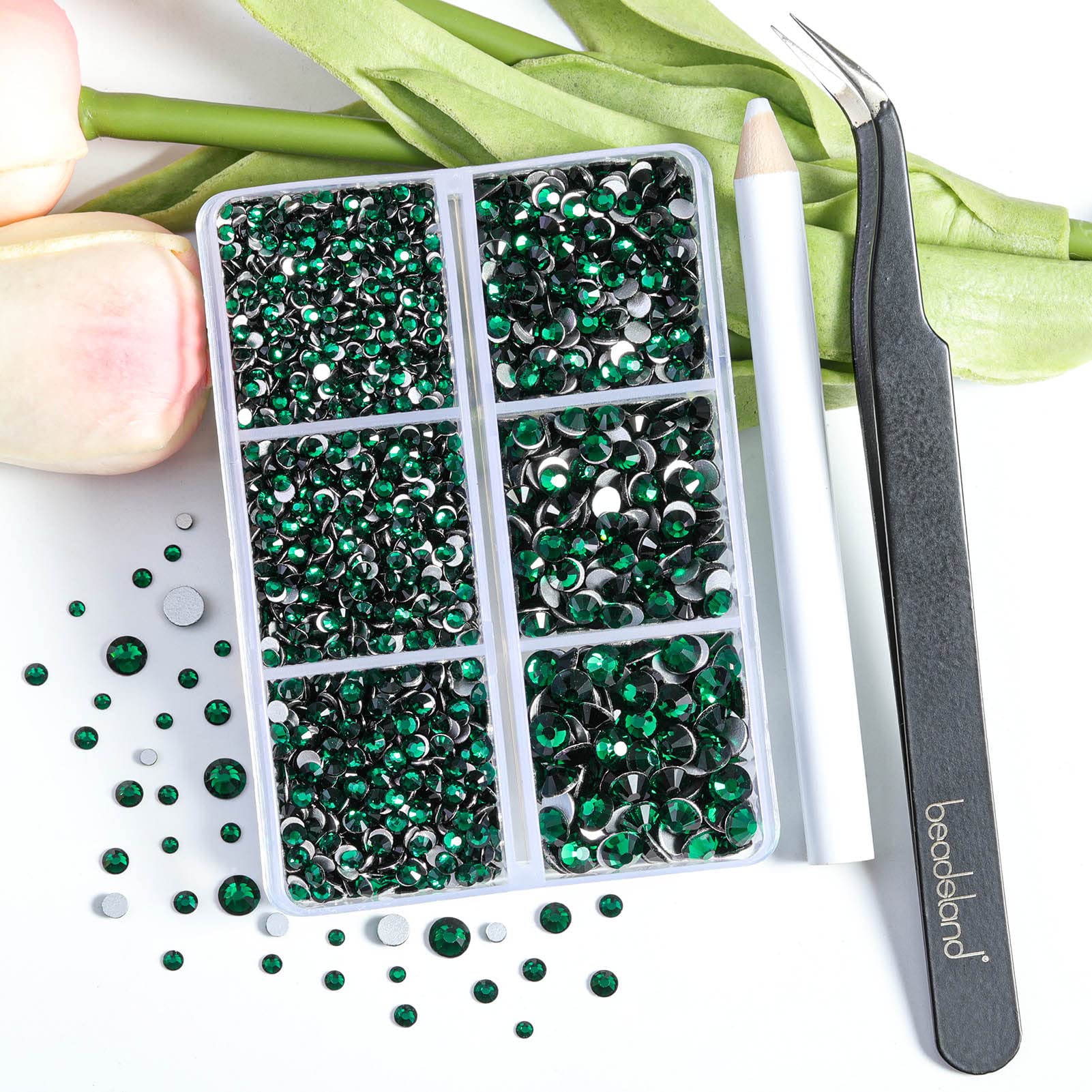 Beadsland 4300pcs Flatback Rhinestones,Green Rhinestones Nail Gems Round Crystal Rhinestones for Crafts,Mixed 6 Sizes with Picking Tweezers and Wax Pencil Kit, SS6-SS20,Emerald