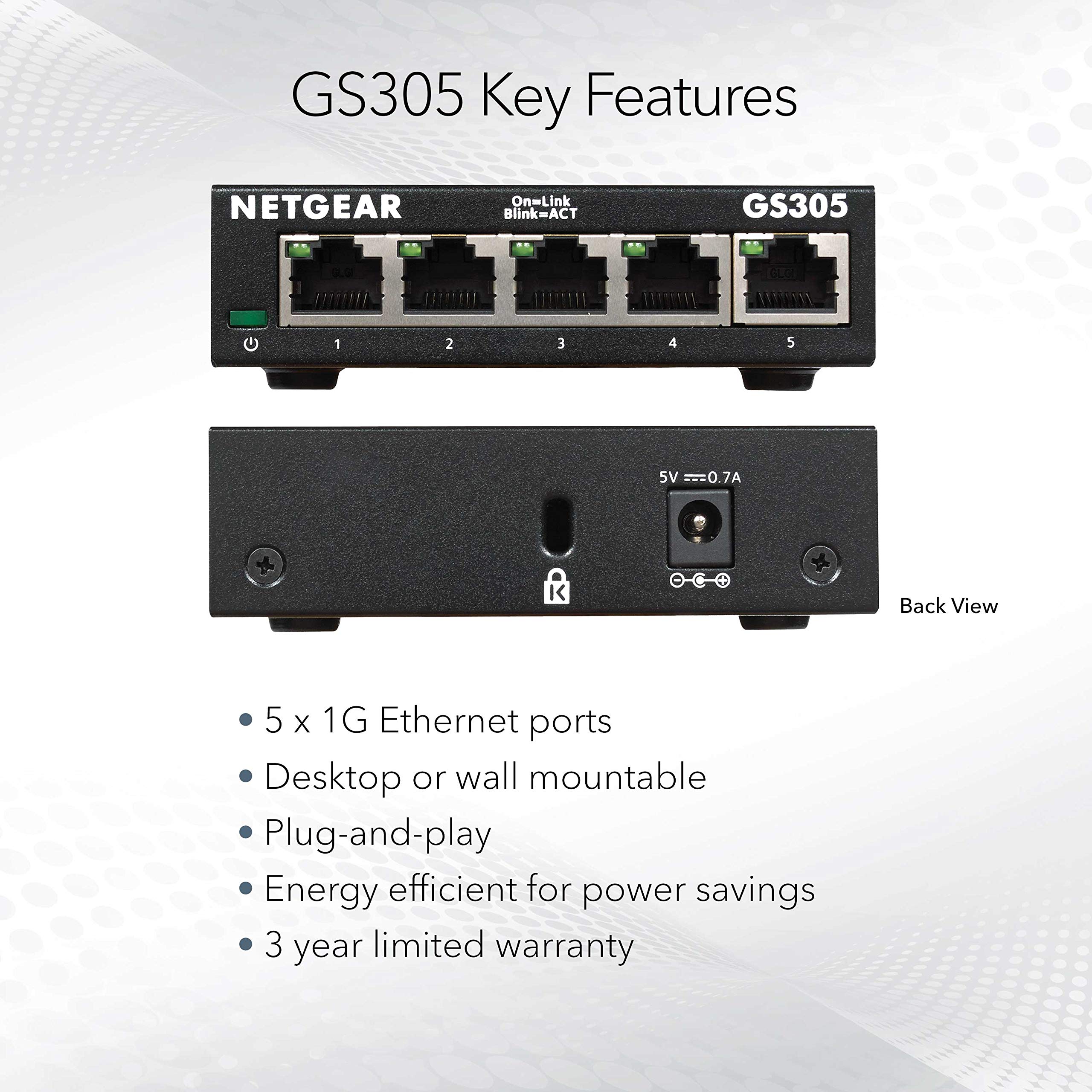 NETGEAR 5 Port Gigabit Network Switch (GS305) - Ethernet Splitter - Ethernet Switch - Ethernet Hub - Plug-and-Play - Silent Operation - Desktop or Wall Mount