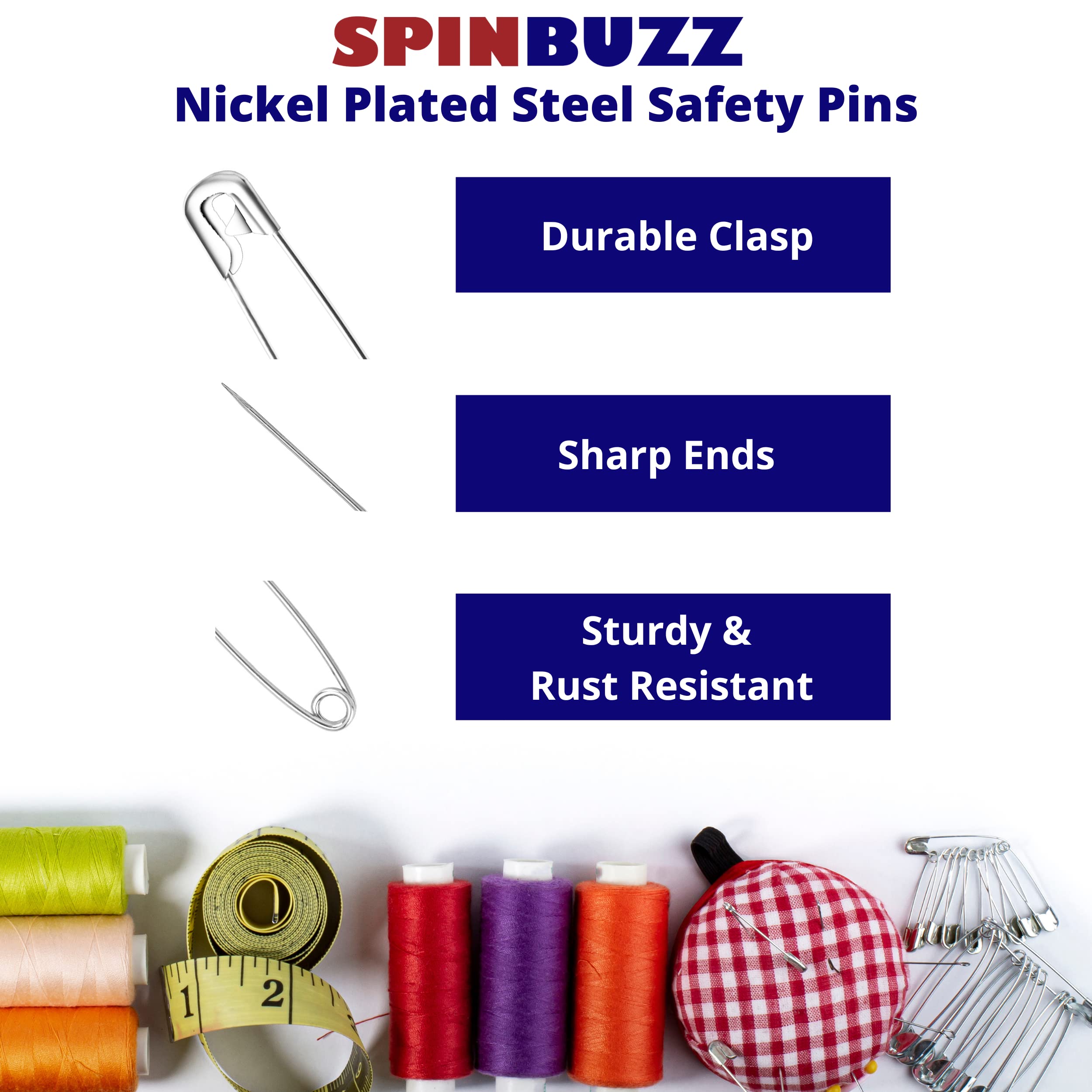 SPINBUZZ Safety Pins 4 Sizes Pack of 105 Nickle Plated Rust Resistant Steel Heavy Duty Quality Pins For Clothing, Arts & Crafts, Sewing and Pinning