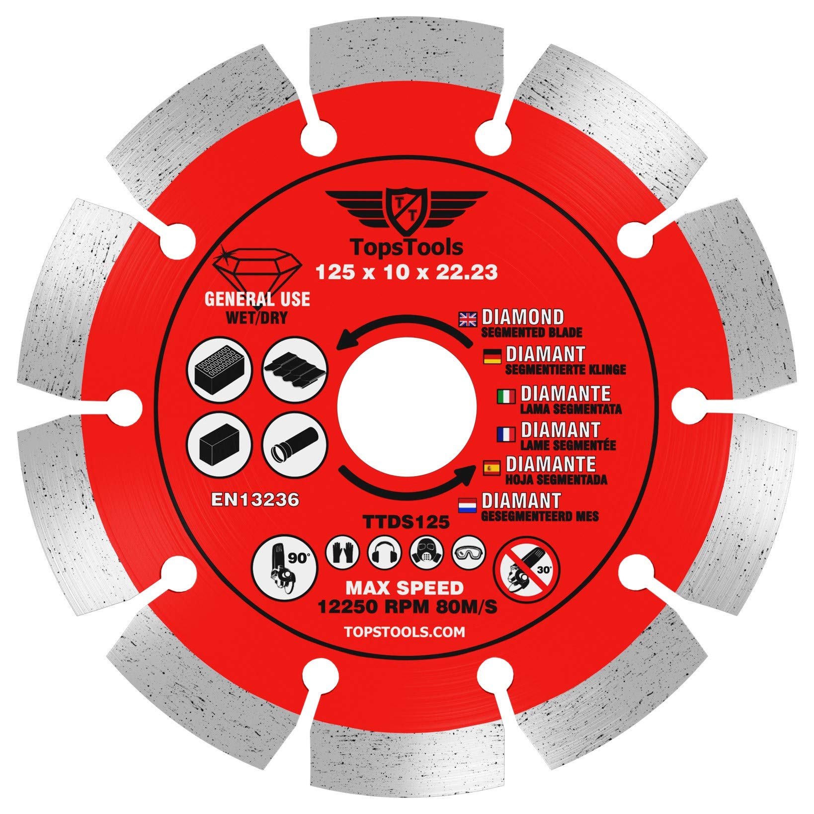 3 x TopsTools TTDS125_3 125mm (5 inches) x 10mm x 22.23mm Bore Segmented Diamond Angle Grinder Circular Saw Blades Compatible with Bosch Dewalt Makita Milwaukee and Many Others