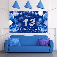 Pinenuts Happy 13th Birthday Backdrop Banner Blue 13th Birthday Decorations for Boys Girls, Large Fabric Birthday Photo Background Birthday Sign Poster, 3.6 x 6.1 ft