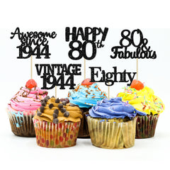 Gyufise 30 Pack Vintage 1944 Cupcake Toppers Glitter Cheers to 80 Fabulous Eighty Cupcake Picks 80th Birthday Wedding Anniversary Party Cake Decorations Supplies Black