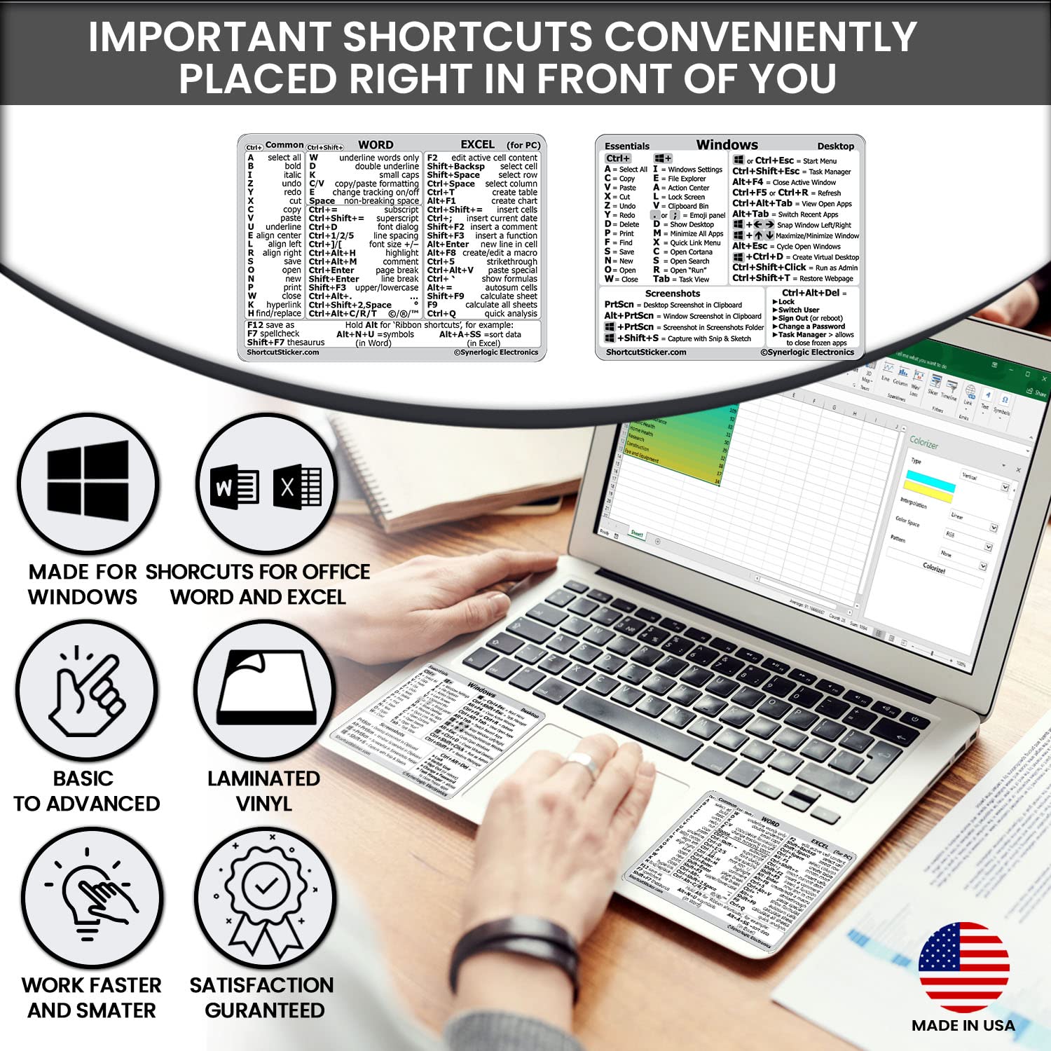 Synerlogic Windows and Word/Excel (for Windows) Quick Reference Guide Keyboard Shortcut Stickers, No-residue Vinyl (White/Large/Combo)