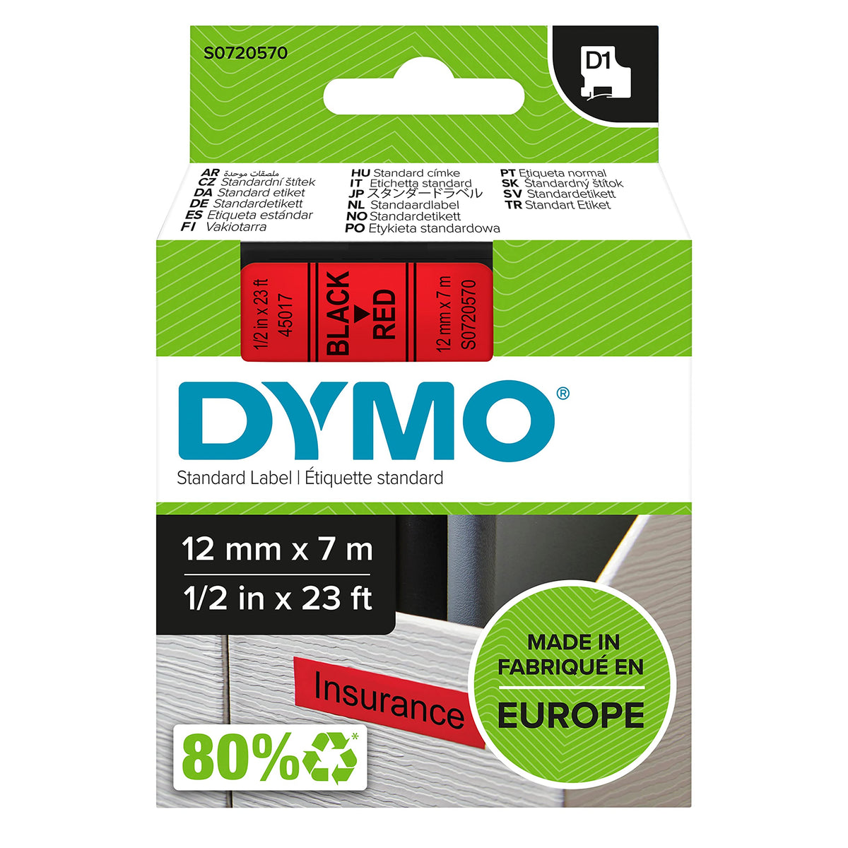 DYMO Authentic D1 Labels   Black Print on Red Tape   12 mm x 7 m   Self-Adhesive Labels for LabelManager Label Makers   Made in Europe