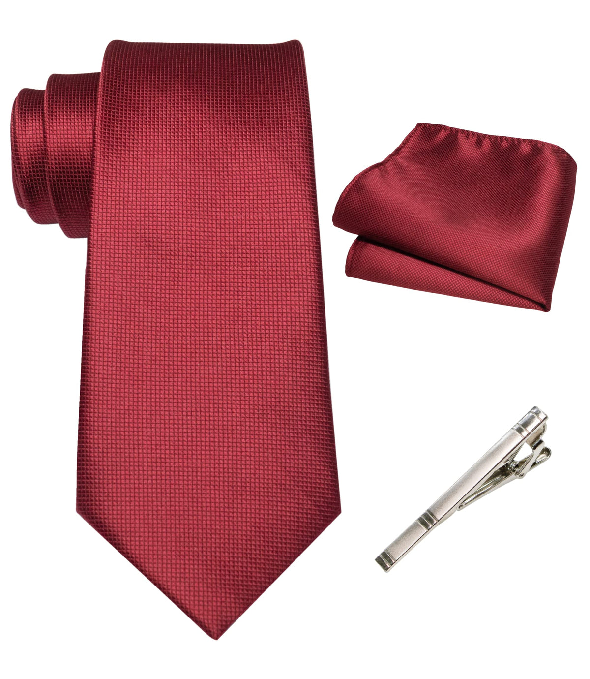 RBOCOTT Burgundy Tie Silk Necktie and Pocket Square with Tie Clip Sets for Men 8cm(1)