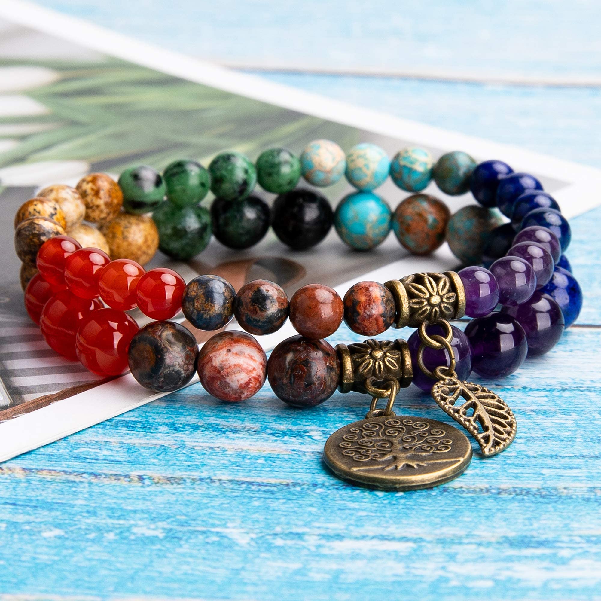 Farfume Chakra Bracelets for Women - Crystals Women Natural Gemstones Yoga Reiki Bangle- A Set of Double Bracelets （7 Chakras 17cm）