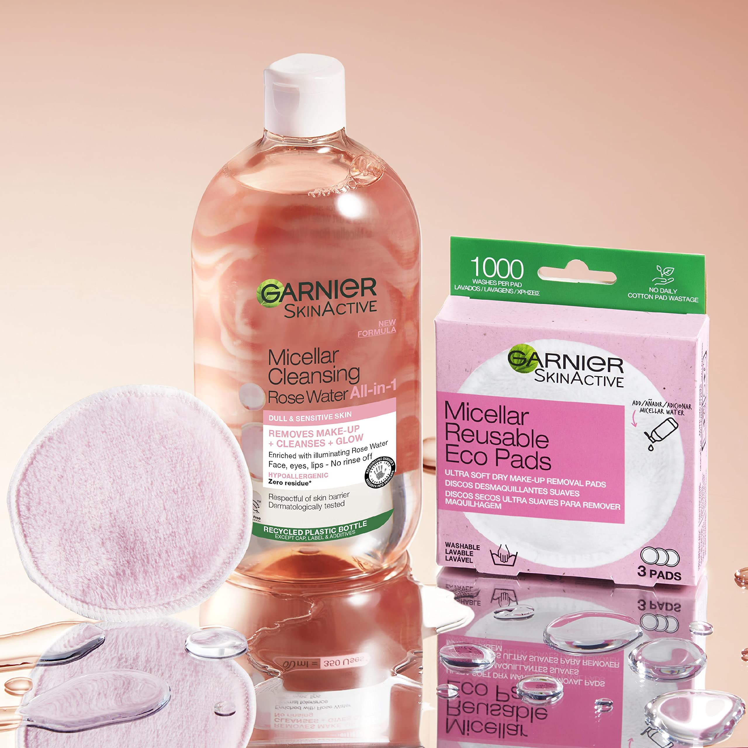 Garnier Micellar Rose Cleansing Water For Dull Skin, Glow Boosting Cleanser and Makeup Remover, Recognised By The British Skin Foundation, Use With Reusable Micellar Eco Pads, 700 ml