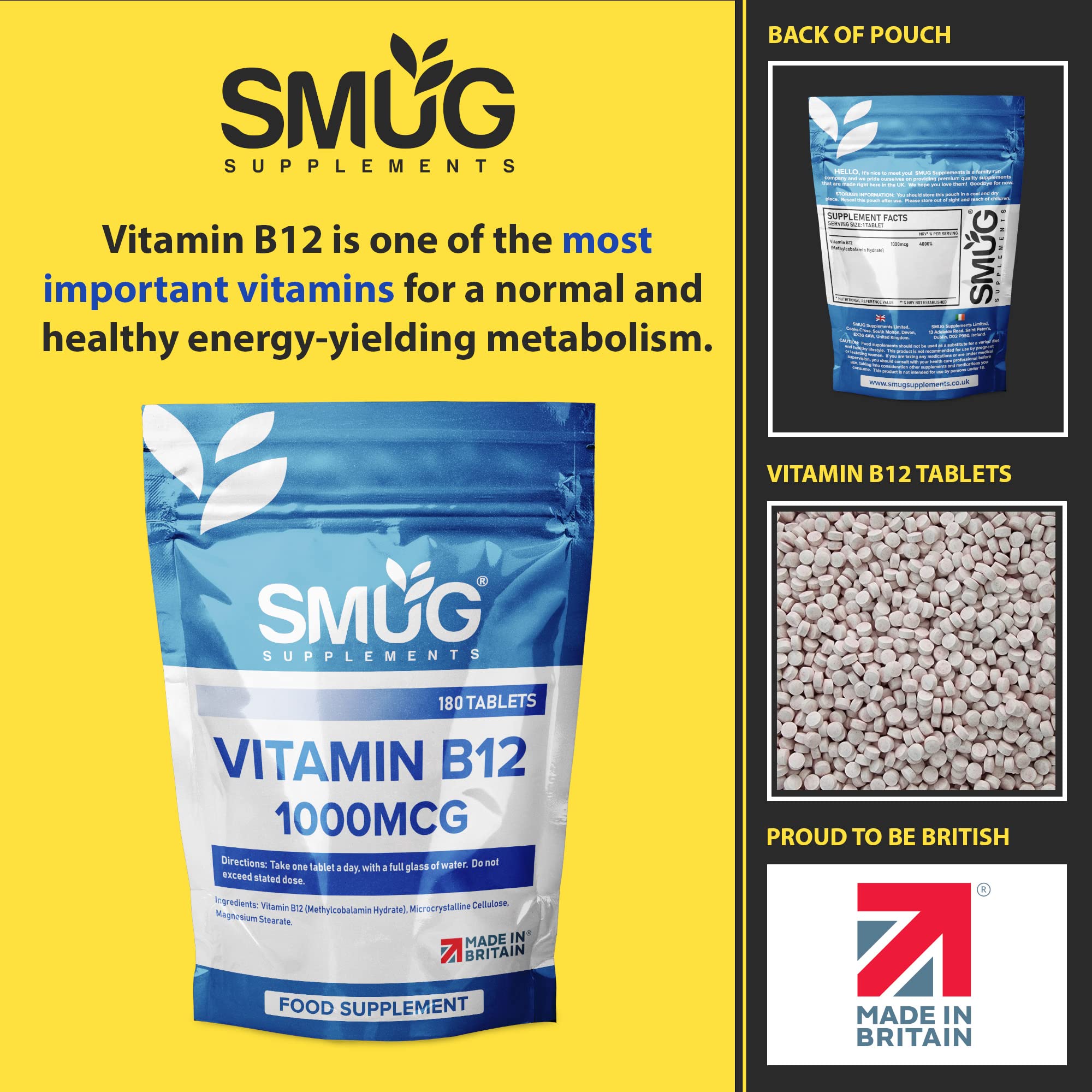 SMUG Supplements Vitamin B12 Tablets - 180 High Strength 1000mcg Pills - Contributes to The Reduction of Fatigue and Tiredness - Suitable for Men and Women - Vegan Friendly - Made in Britain