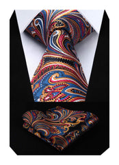 HISDERN Floral Paisley Wedding Tie Handkerchief Men's Necktie & Pocket Square Set Orange & Navy Blue