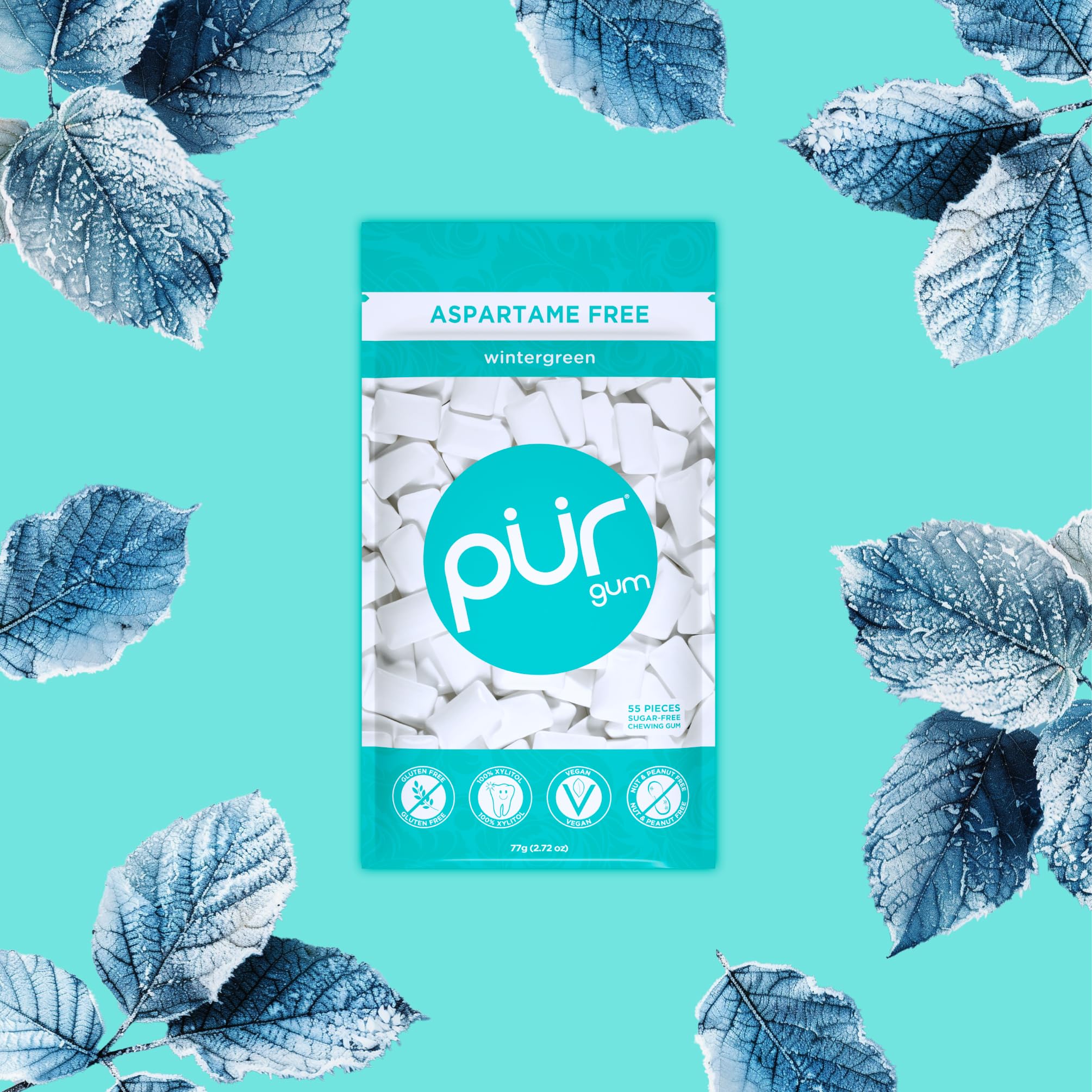 PUR 66% Xylitol Chewing Gum, Sugarless Wintergreen, Sugar Free and Aspartame Free and Gluten Free, Vegan & Keto Friendly - Healthy, Low Carb, Simply Pure Natural Flavoured Gum, 55 Pieces (Pack of 1)