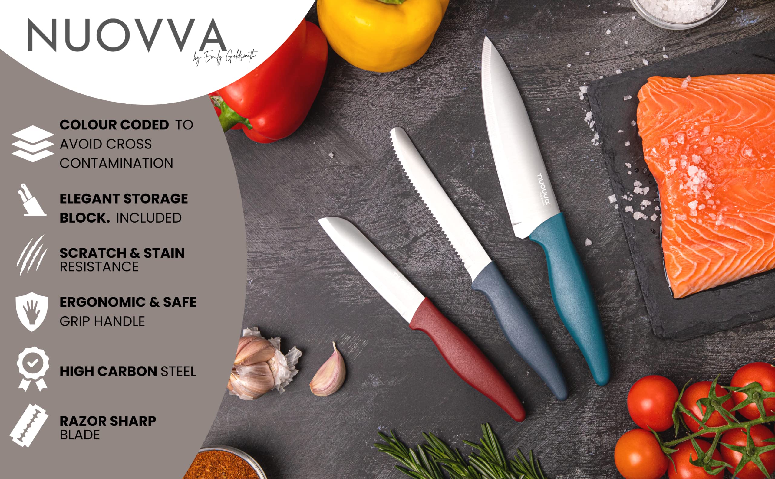 nuovva Sharp Kitchen Knife Set – 3pcs Colour Kitchen Knives – Stainless Steel Non Stick Blades – Includes Chefs Knife, Tomato Knife and Paring Knife