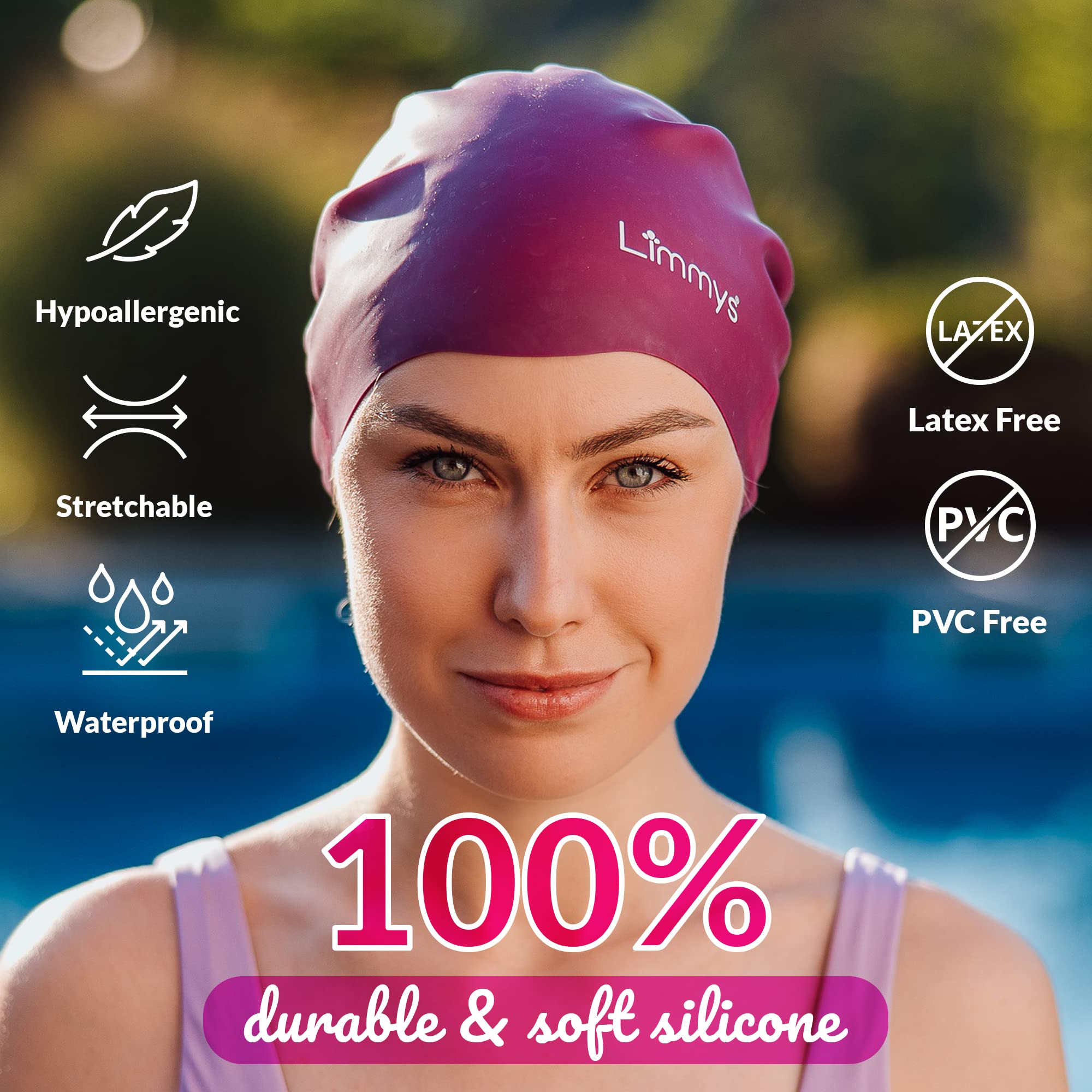 Limmys Women’s Swimming Cap - 100% Silicone Ladies Swim Caps - Premium Quality, Stretchable and Comfortable Swimming Hats - Available in Different Attractive Colours (Pink)