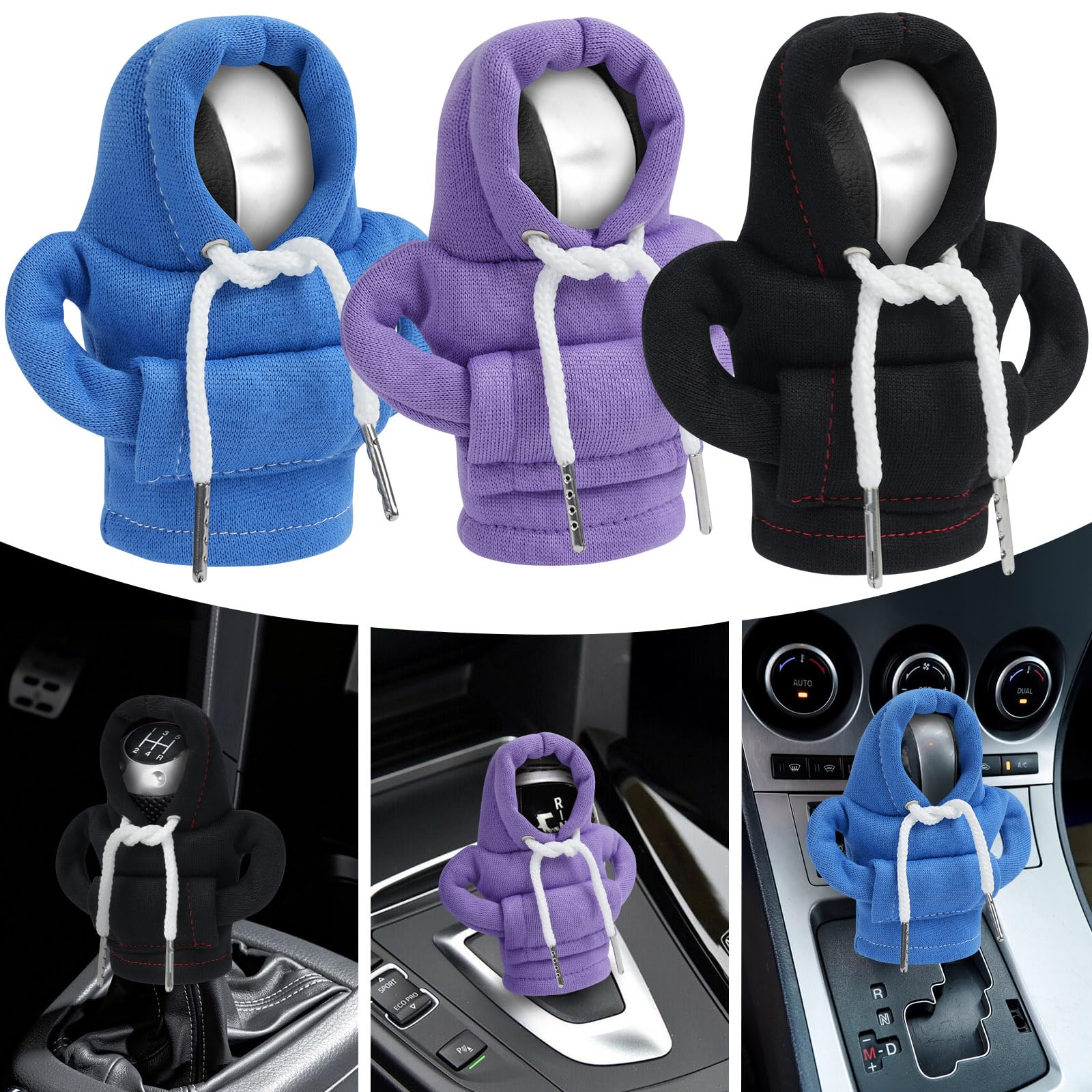 Adiwo Gear Stick Hoodie, 3pcs Car Gear Shift Knob Cover, Creative Gearstick Lever Hoodie, Universal Gear Shifter Knobs Sweatshirt for Gearshift, 4.7 Inch Car Gear Handle Cover Car Interior Hoodie A